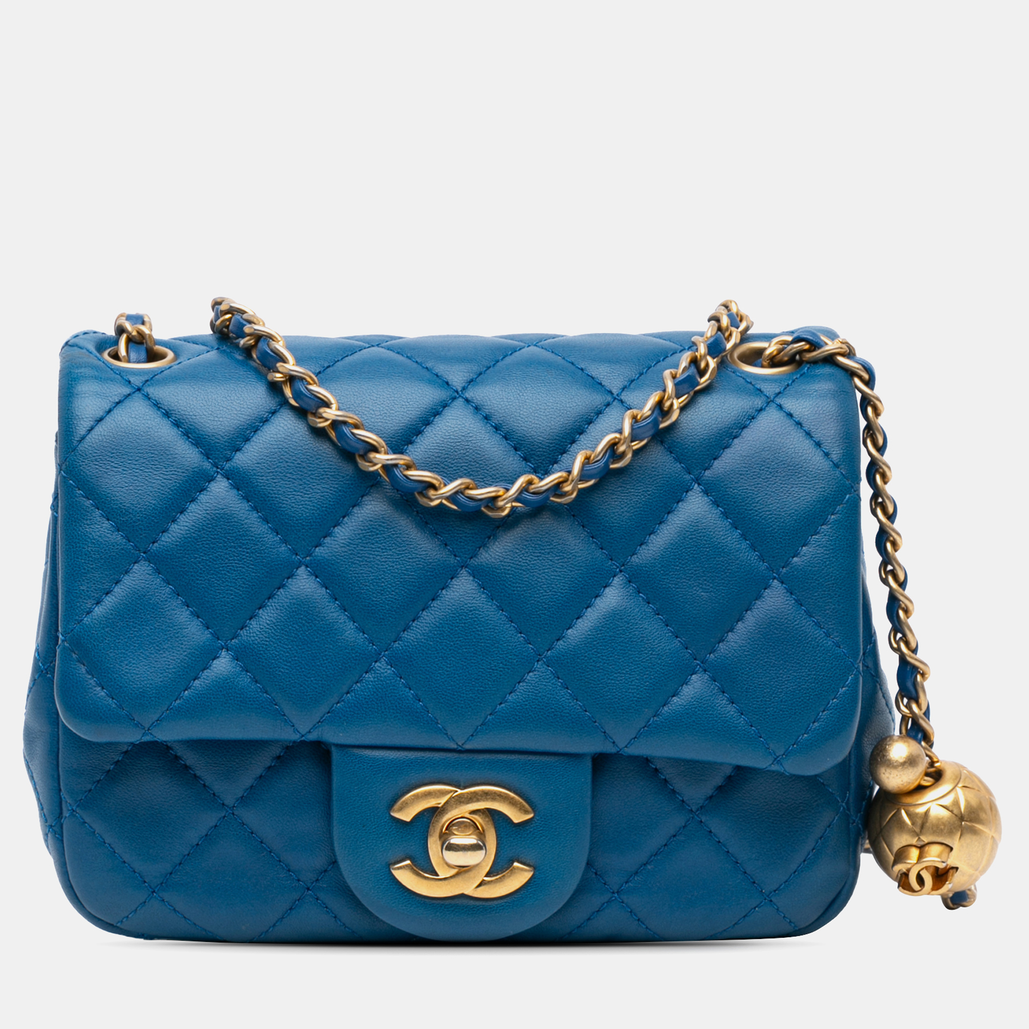 

Chanel Blue Leather Chanel Mini Square Classic Lambskin Pearl Crush Single Flap