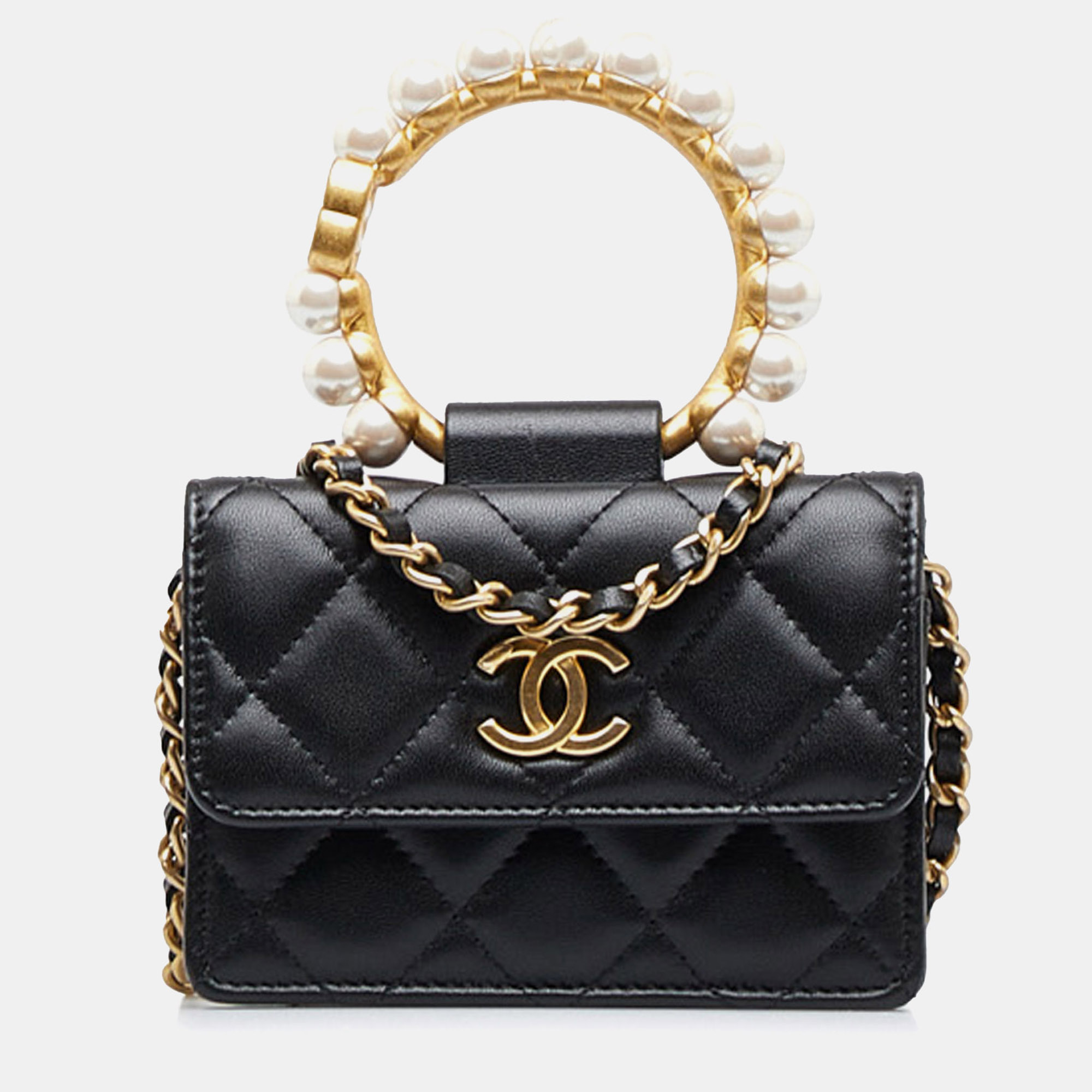 

Chanel Black Leather Chanel Pearl Crown Clutch On Chain