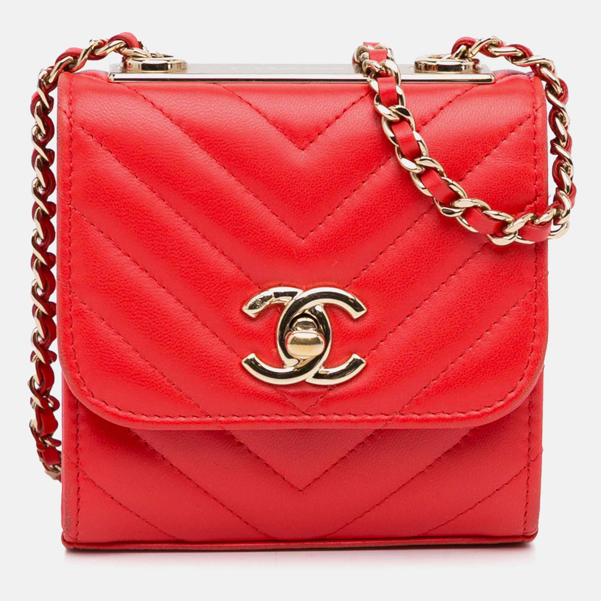 

Chanel Red Leather Chanel Mini Chevron Quilted Lambskin Trendy CC Chain Wallet