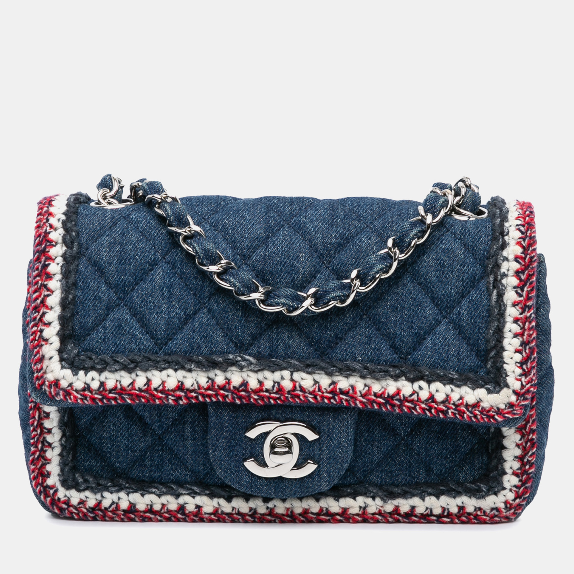 

Chanel Blue Denim and Tweed Chanel Mini Rectangular Classic Denim Tweed Framed Single Flap