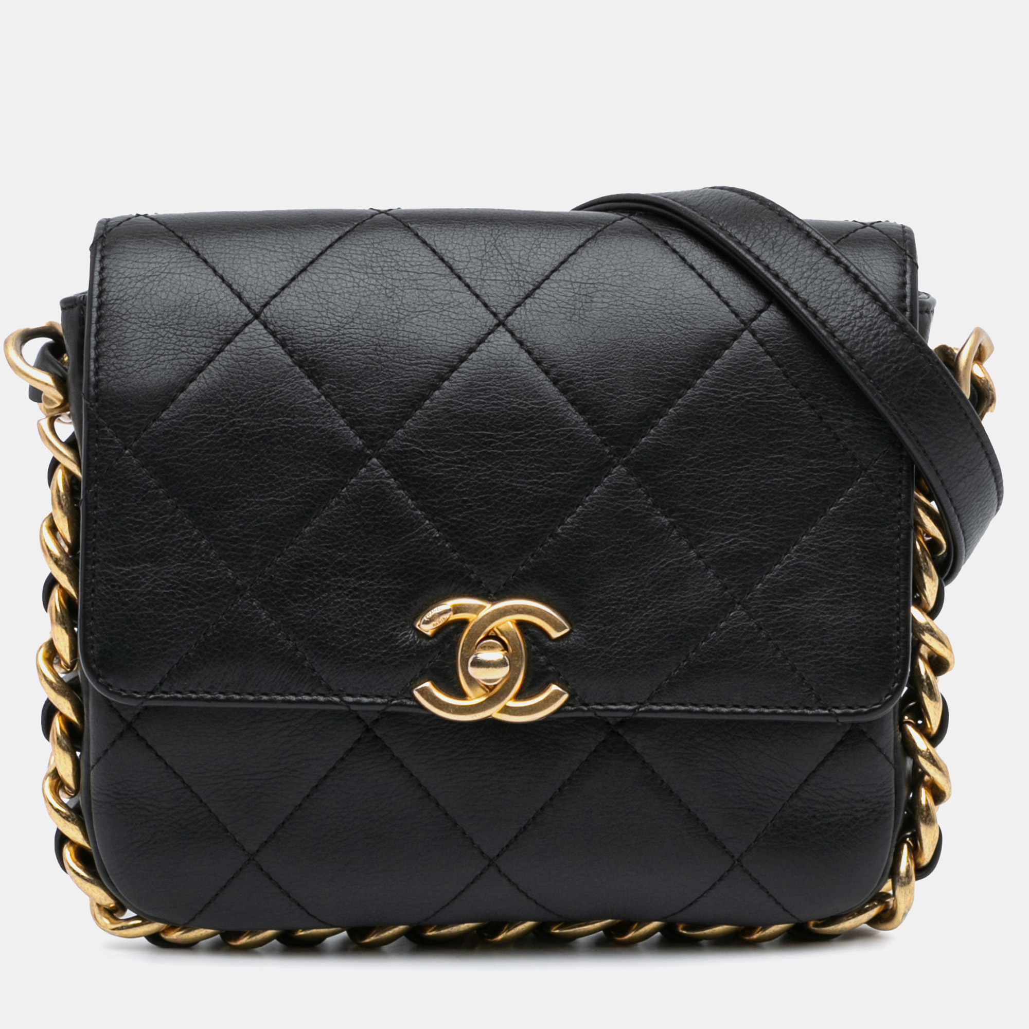 

Chanel Black Calf Leather Small Quilted Framing Chain Flap Bag