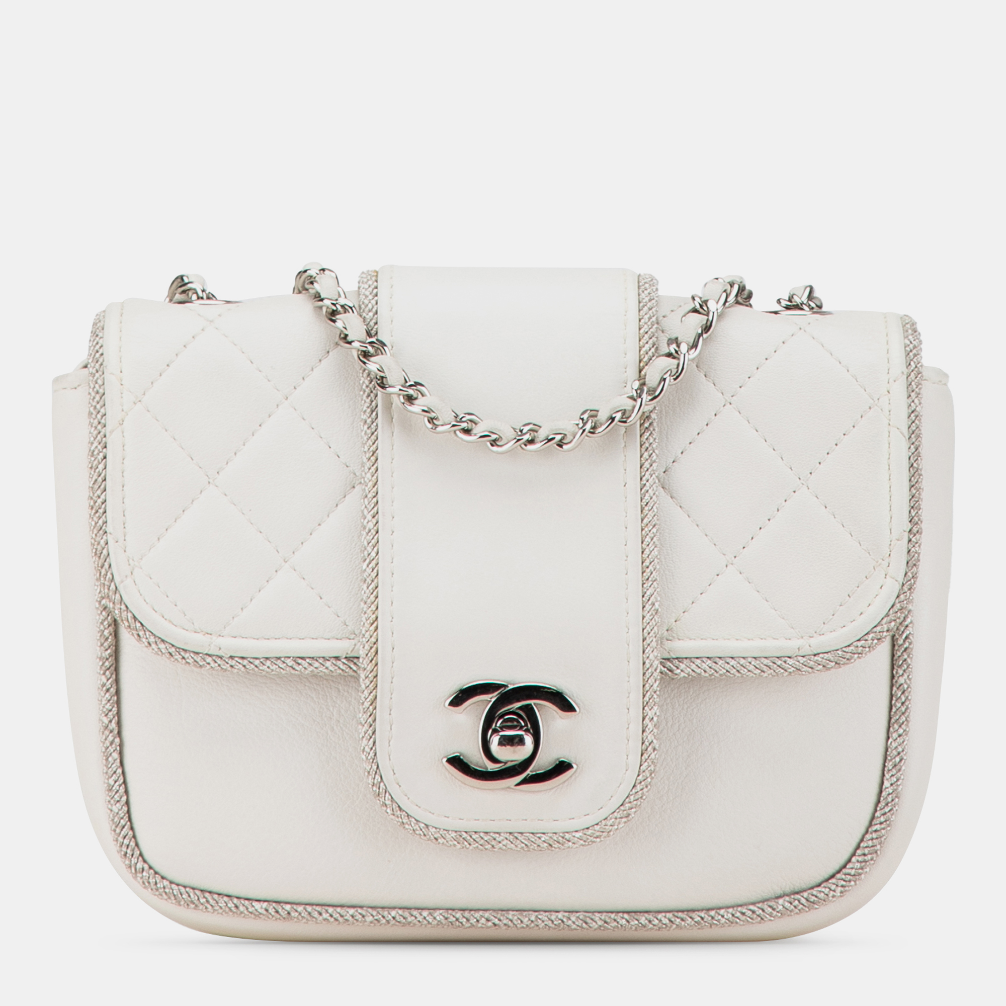 

Chanel White Lambskin Leather Mini Quilted Lurex Elementary Chic Flap Bag