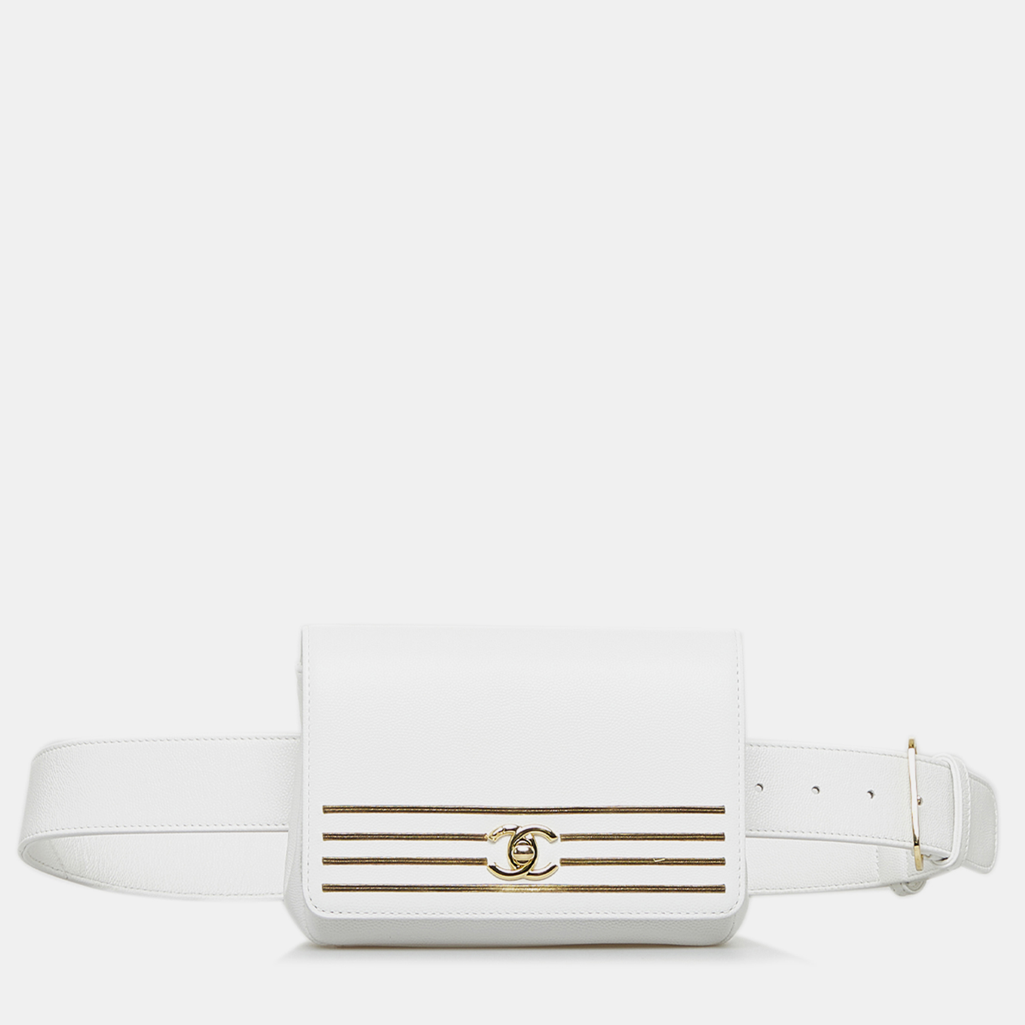 

Chanel White Calf Leather Captain Gold Belt Bag