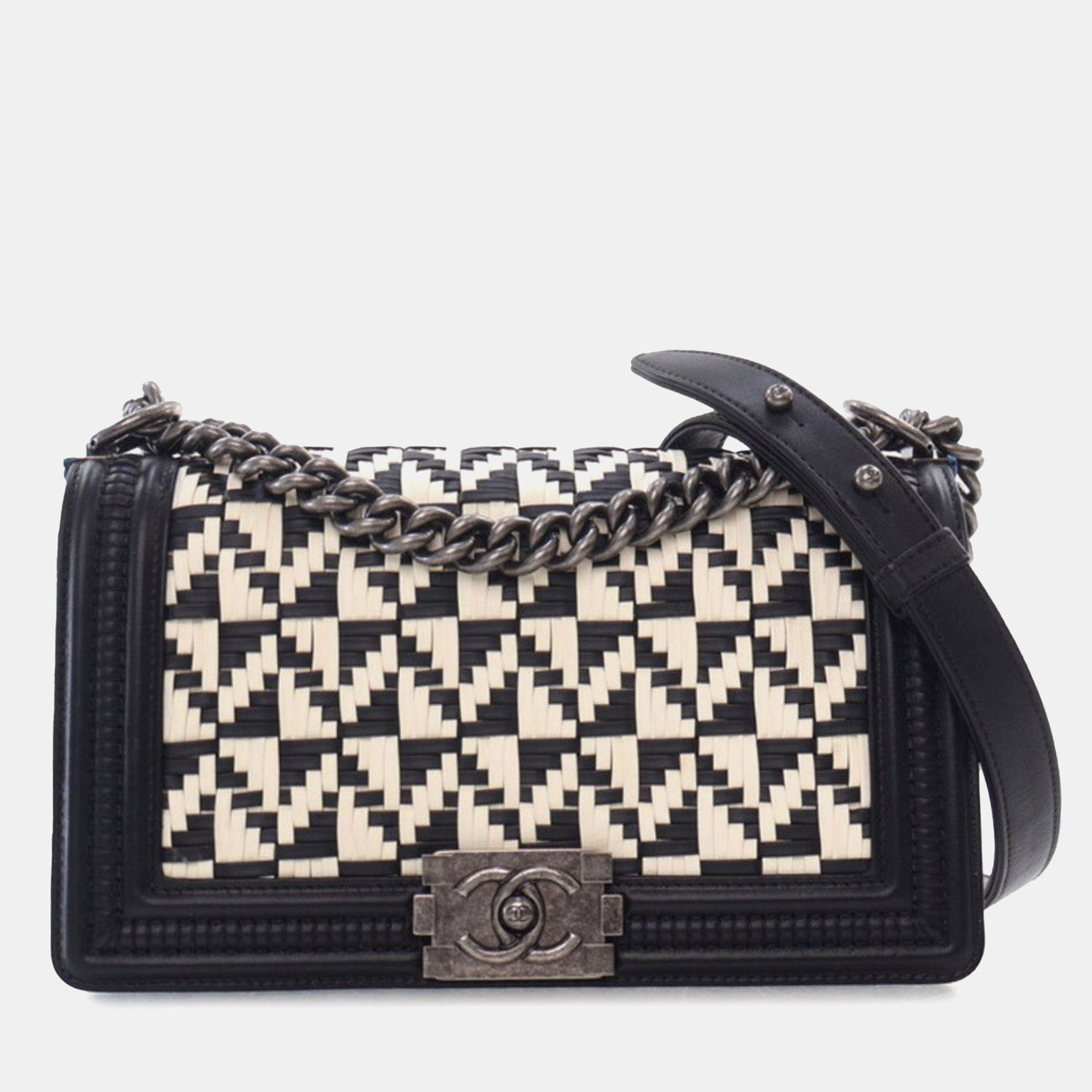 

Chanel Black White Calf Leather Medium Bicolor Woven Calfskin Boy Flap Bag