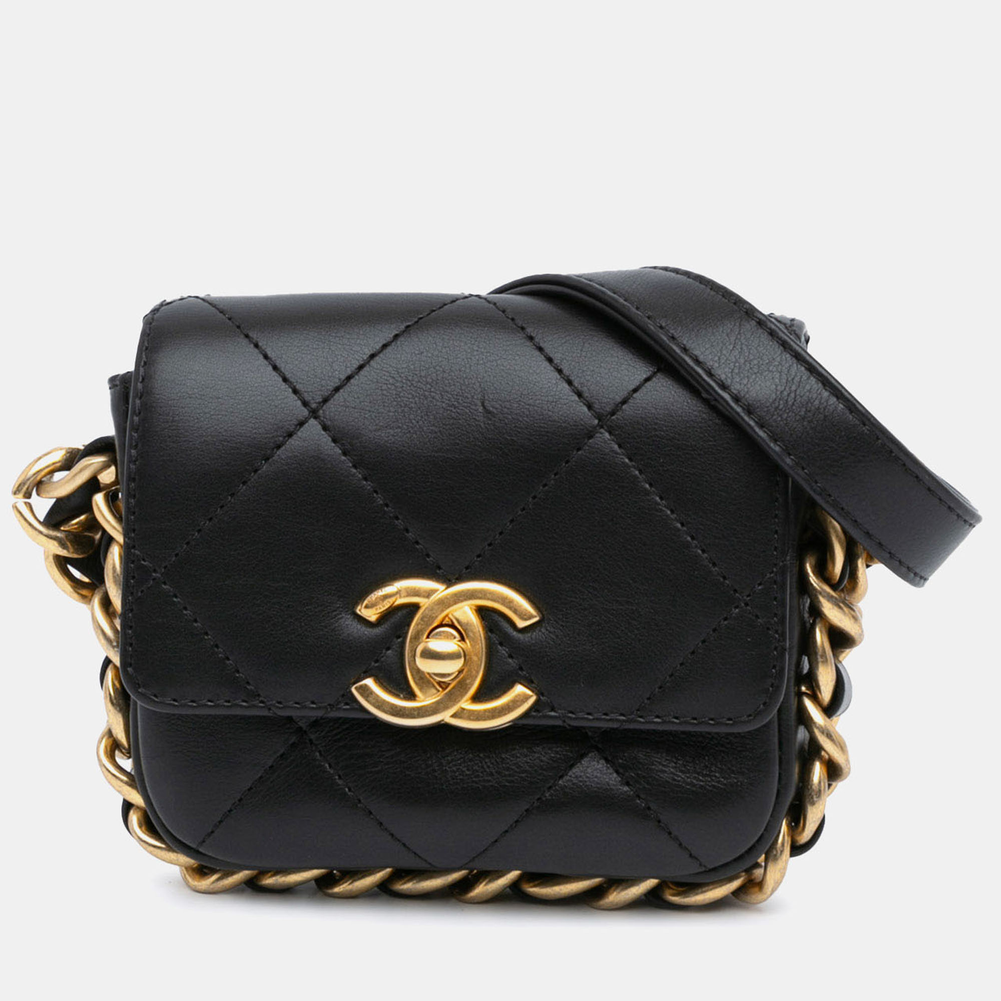 

Chanel Black Calf Leather Mini Quilted Calfskin Framing Chain Flap Bag