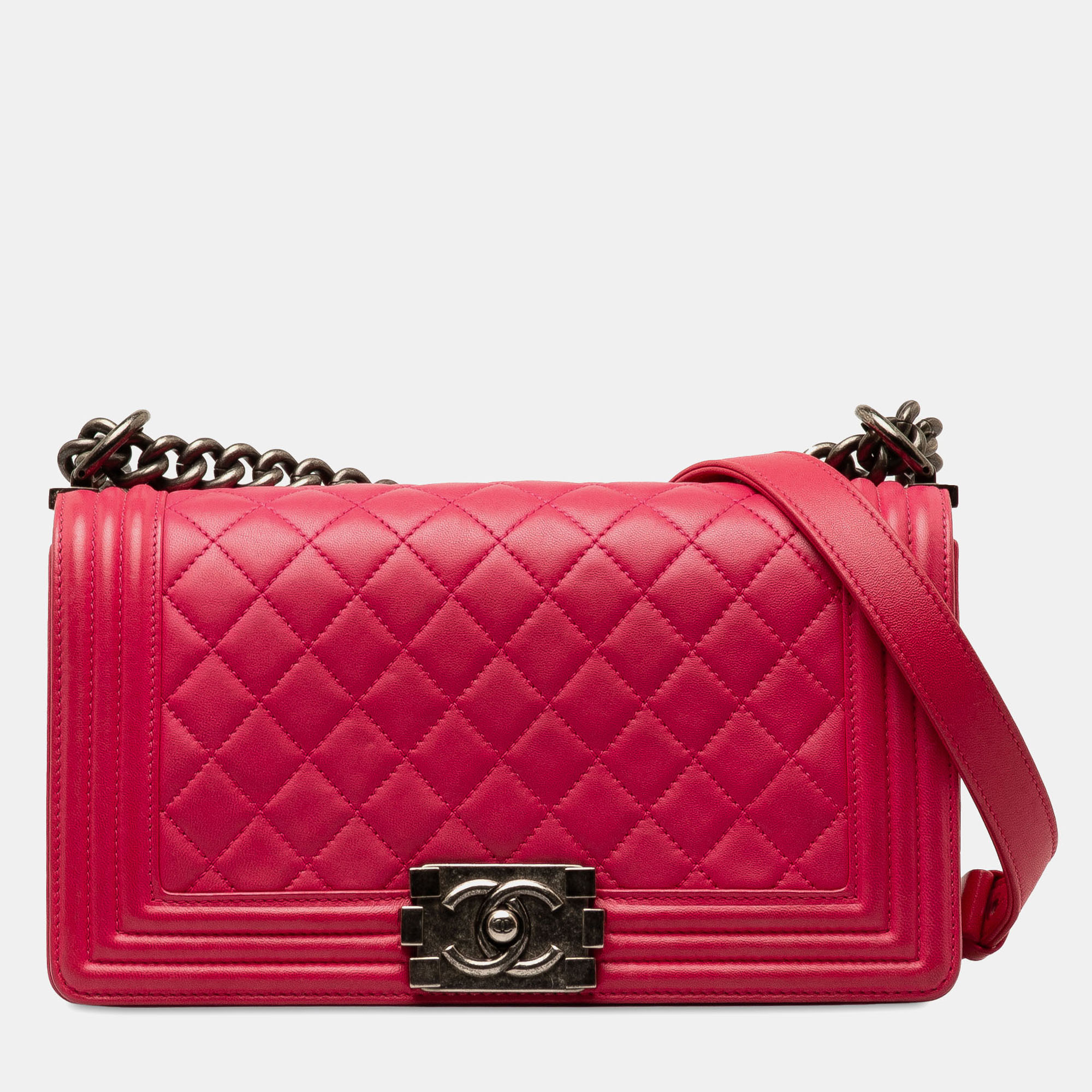 

Chanel Pink Lambskin Leather Medium Lambskin Boy Flap Bag