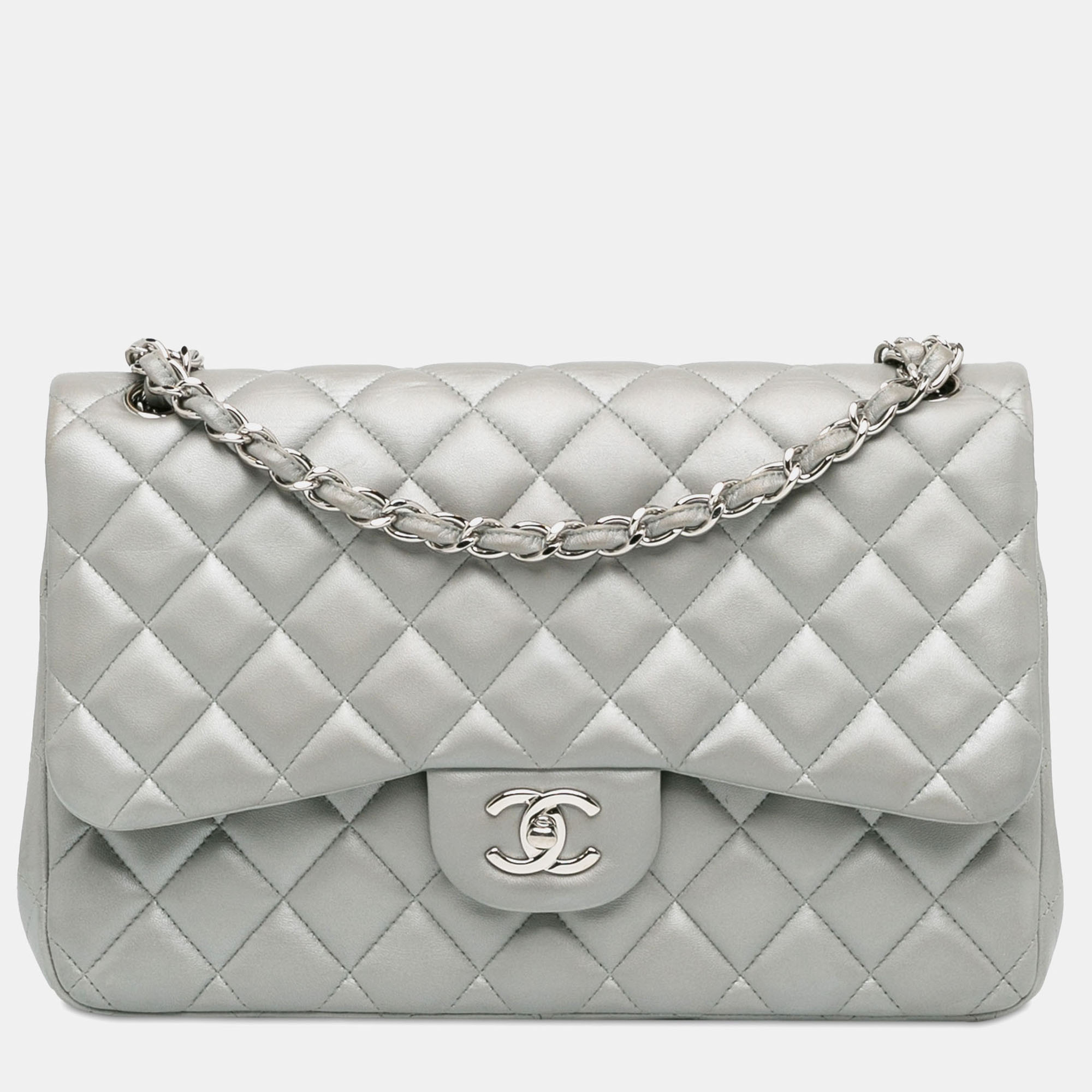 

Chanel Silver Lambskin Leather Jumbo Classic Lambskin Double Flap Bag