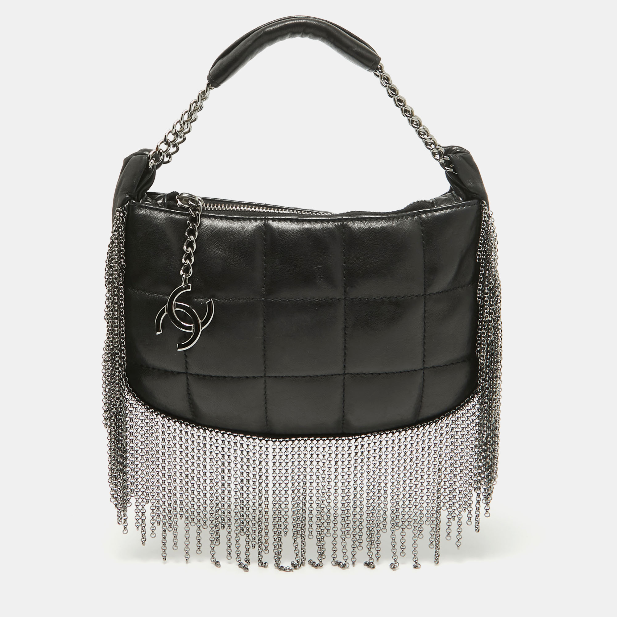 

Chanel Black Square Quilted Leather Chain Fringe Pochette