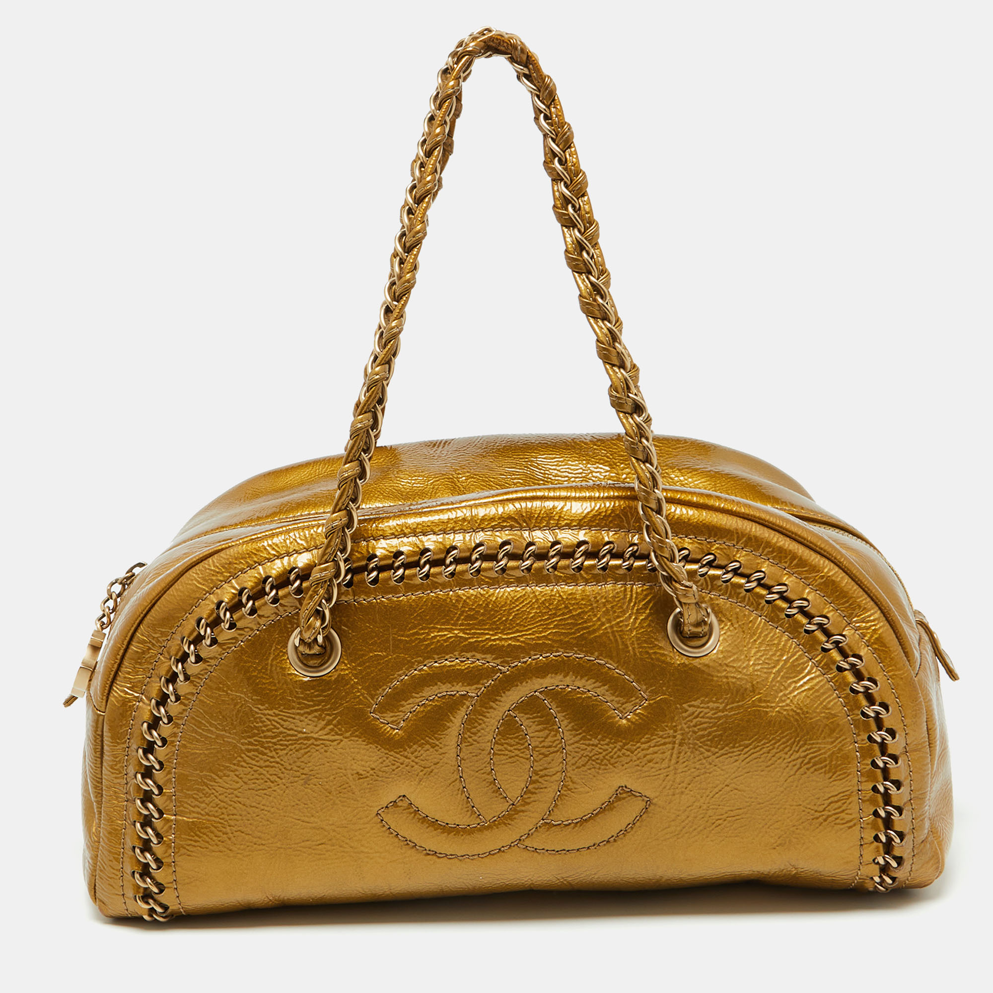 

Chanel Metallic Gold Leather Medium Chain Trim Luxe Ligne Bowler Bag