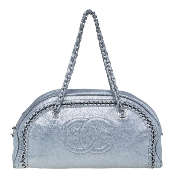 Pre Owned Chanel Luxe Ligne Silver Leather Chain Trim Large Bowler Boston Duffel Bag
