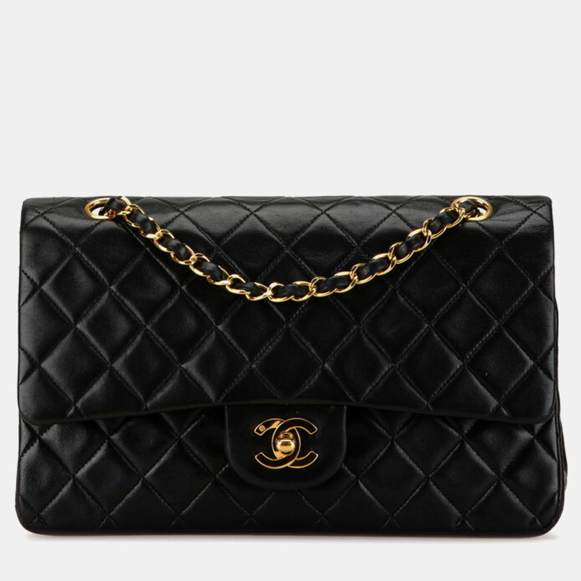 

Chanel Black Gold Lambskin Matelasse 25 Double Flap Coco Mark Chain Shoulder Bag