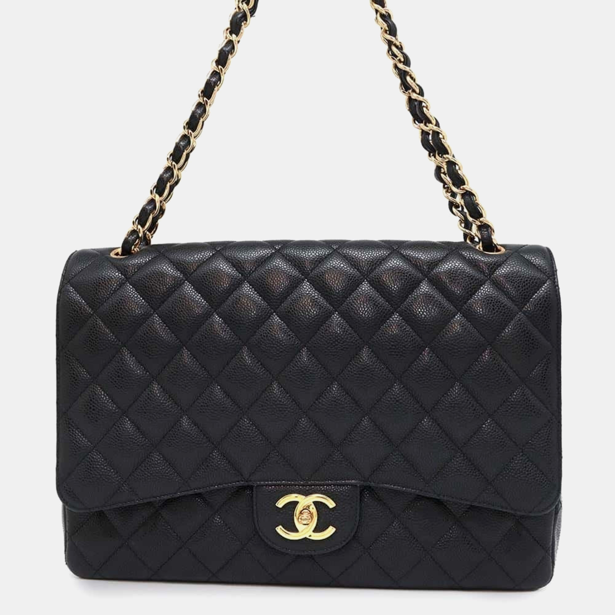 

Chanel Dekamato Black Matelasse 34 Maxi Coco Mark Double Flap Caviar Skin Chain Shoulder Bag