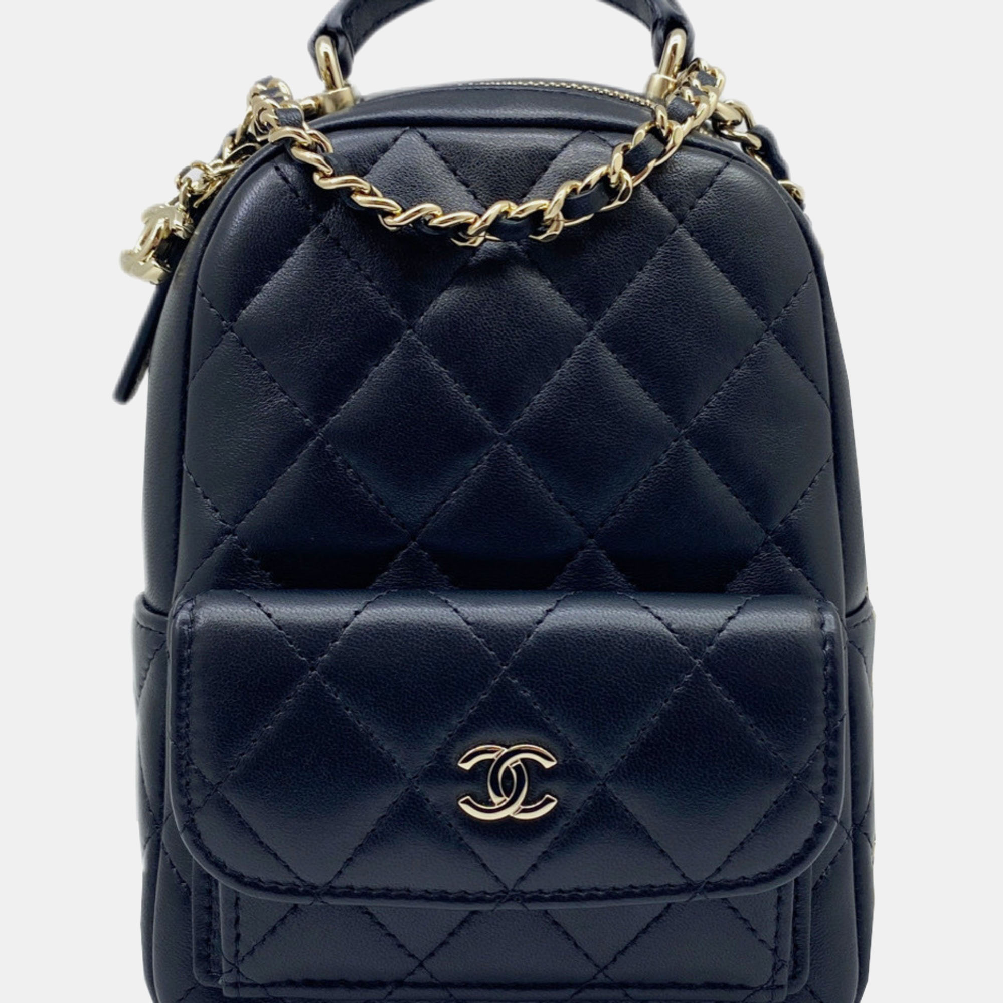 

Chanel Champagne Gold Lambskin Black Leather Matelasse Coco Mark Backpack