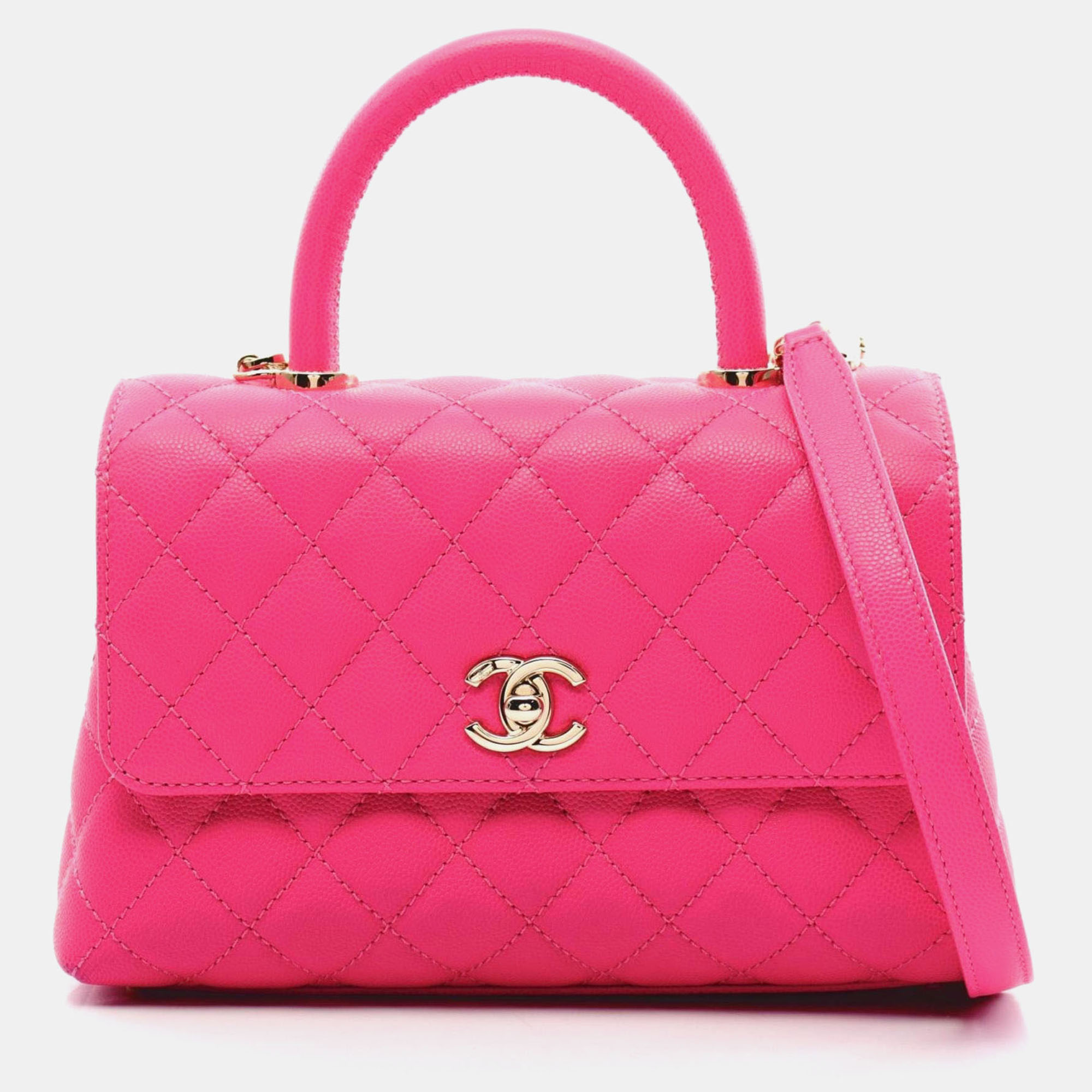 

Chanel Caviar Skin (Grained Calf) Pink Coco Handle Flap Matelasse Handbag