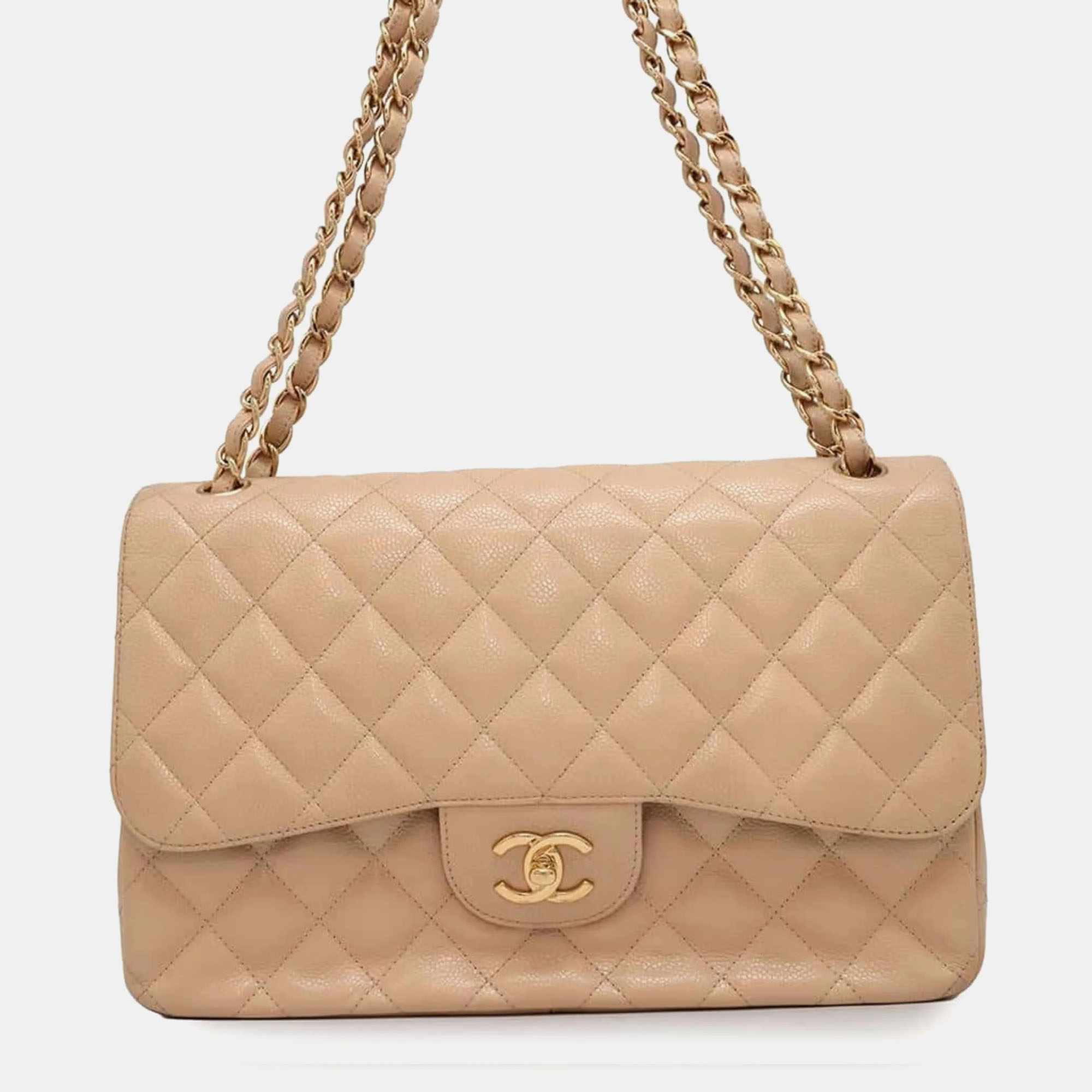 

Chanel Caviar Skin Matelasse 30 Coco Mark Double Flap Chain Shoulder Bag, Beige