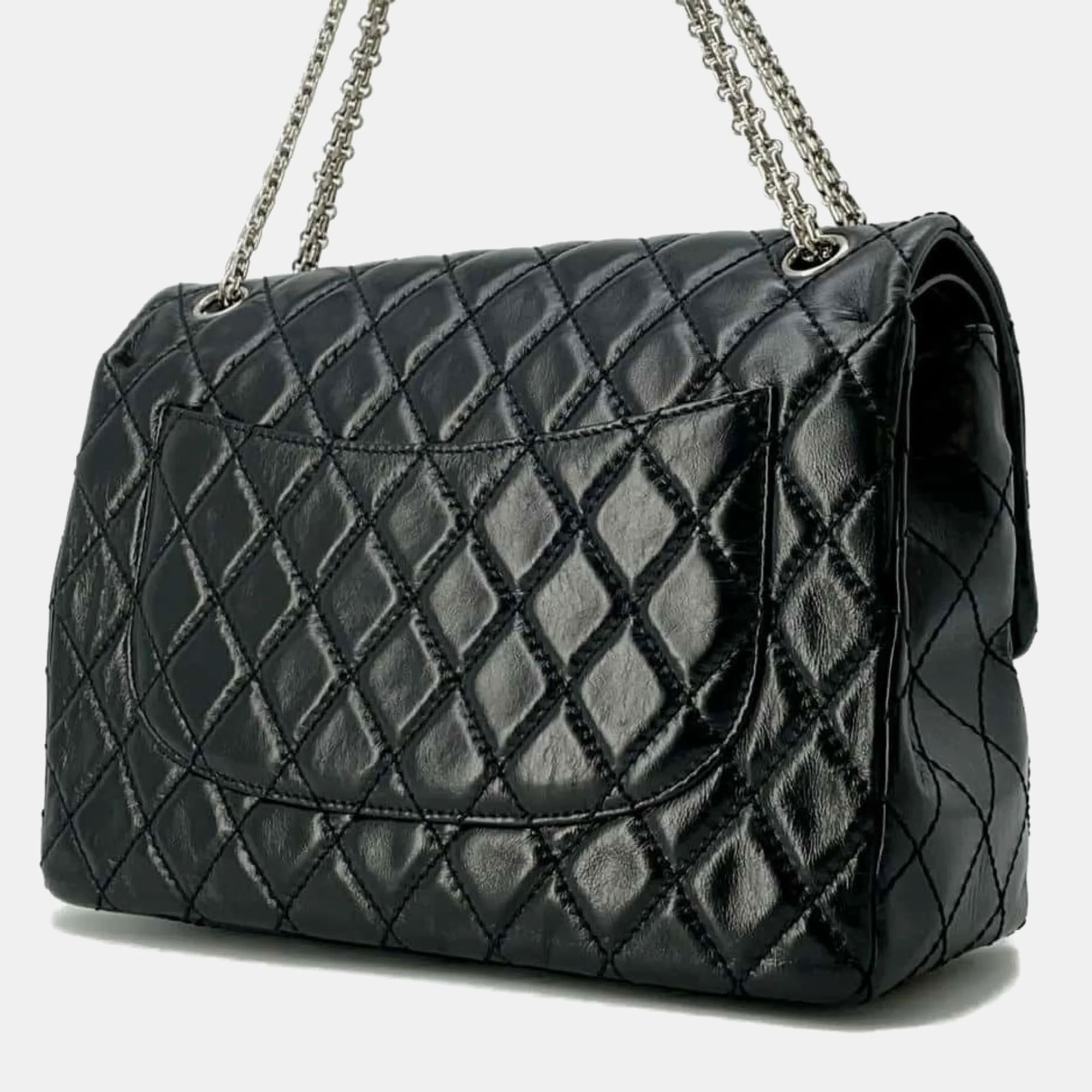 Chanel Black Aged Calf Leather 2.55 Matelasse W Flap Large Chain Shoulder Bag 