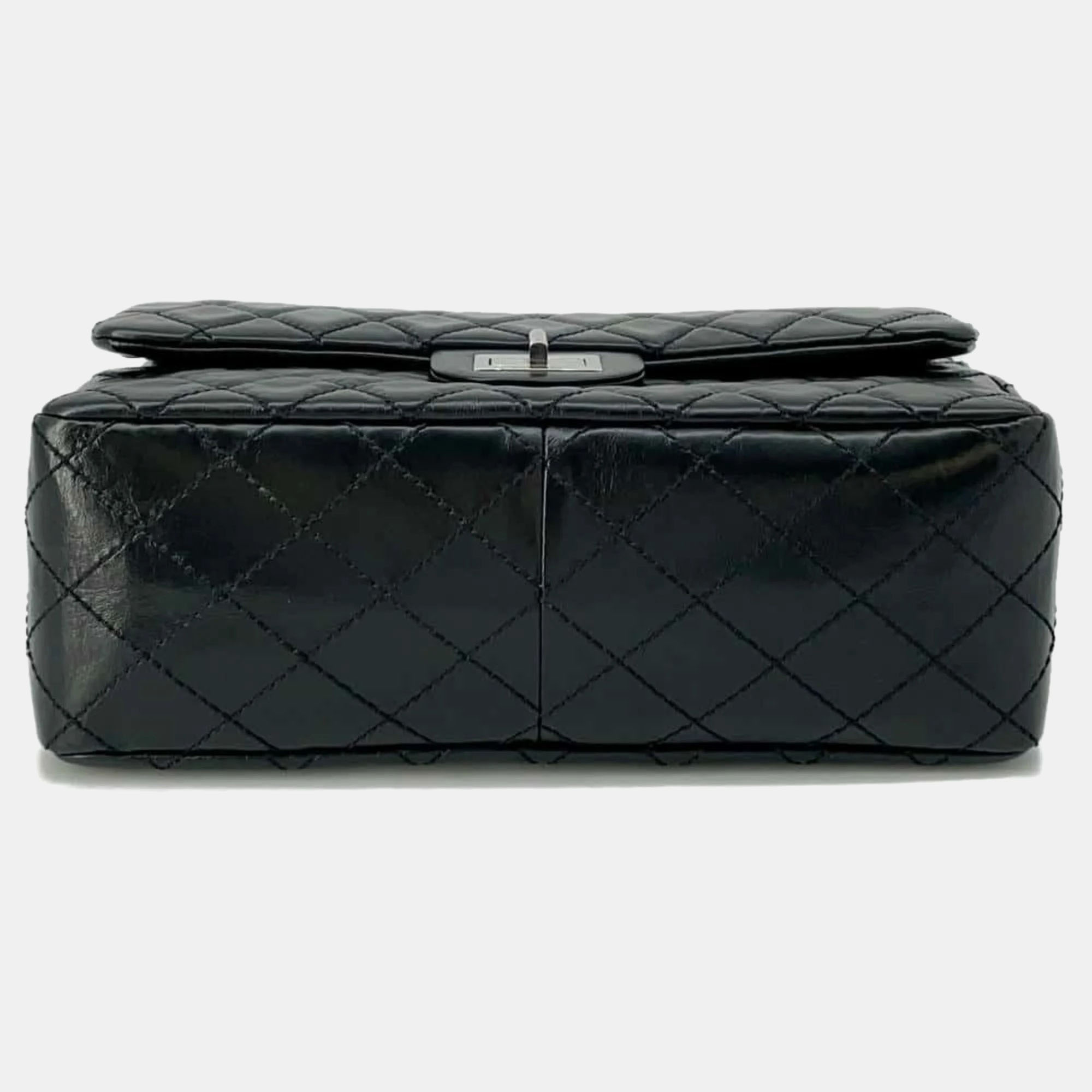 Chanel Black Aged Calf Leather 2.55 Matelasse W Flap Large Chain Shoulder Bag 