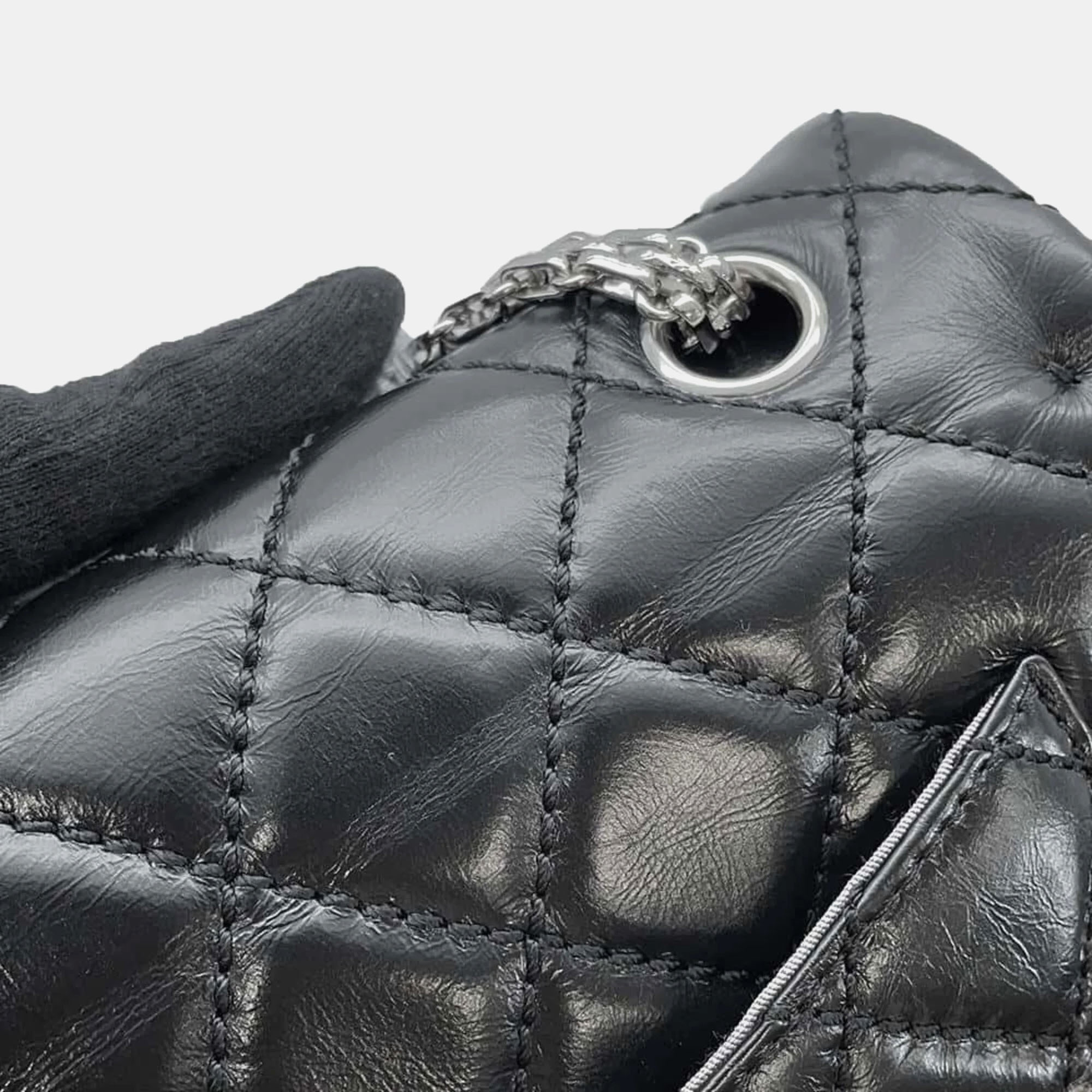 Chanel Black Aged Calf Leather 2.55 Matelasse W Flap Large Chain Shoulder Bag 