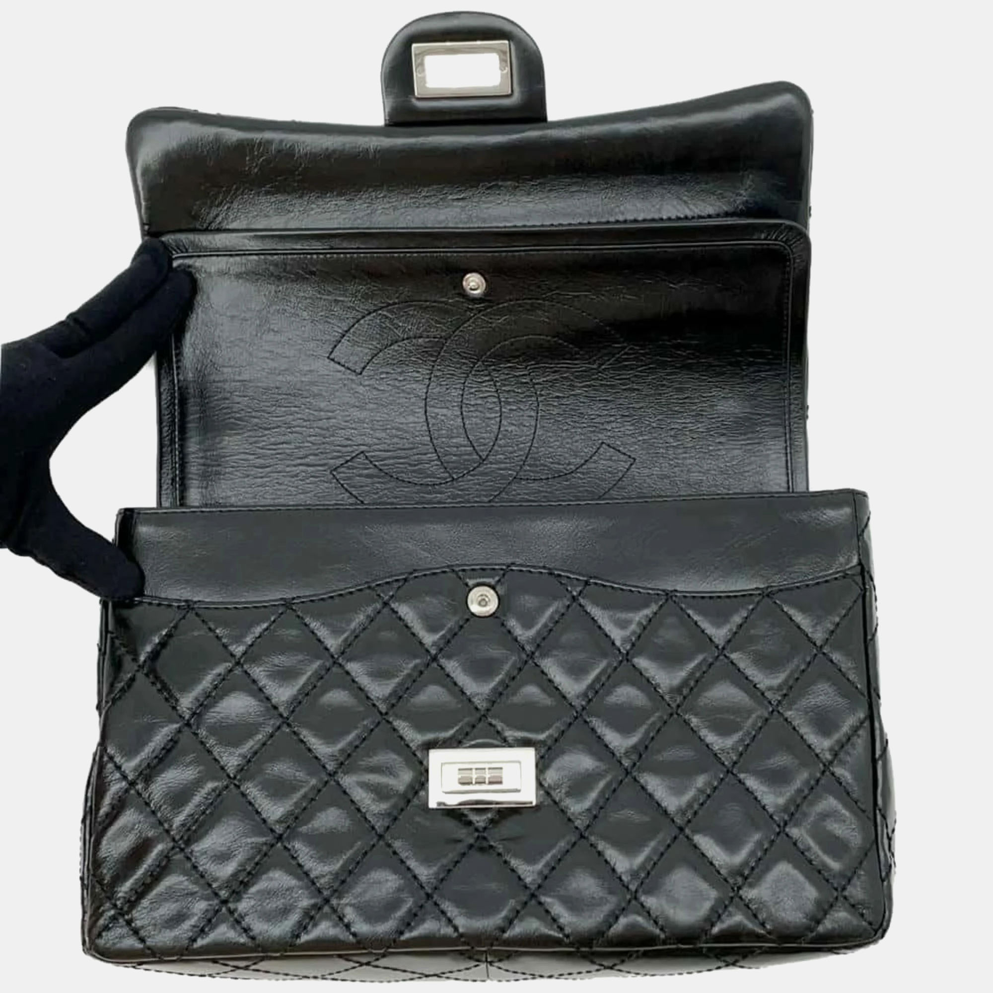 Chanel Black Aged Calf Leather 2.55 Matelasse W Flap Large Chain Shoulder Bag 