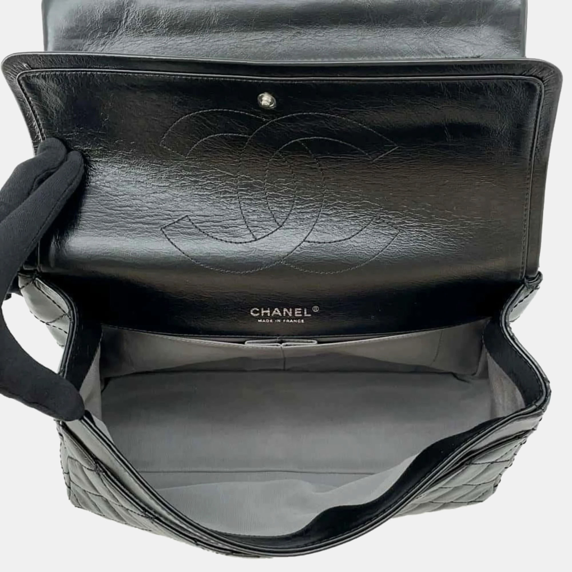 Chanel Black Aged Calf Leather 2.55 Matelasse W Flap Large Chain Shoulder Bag 