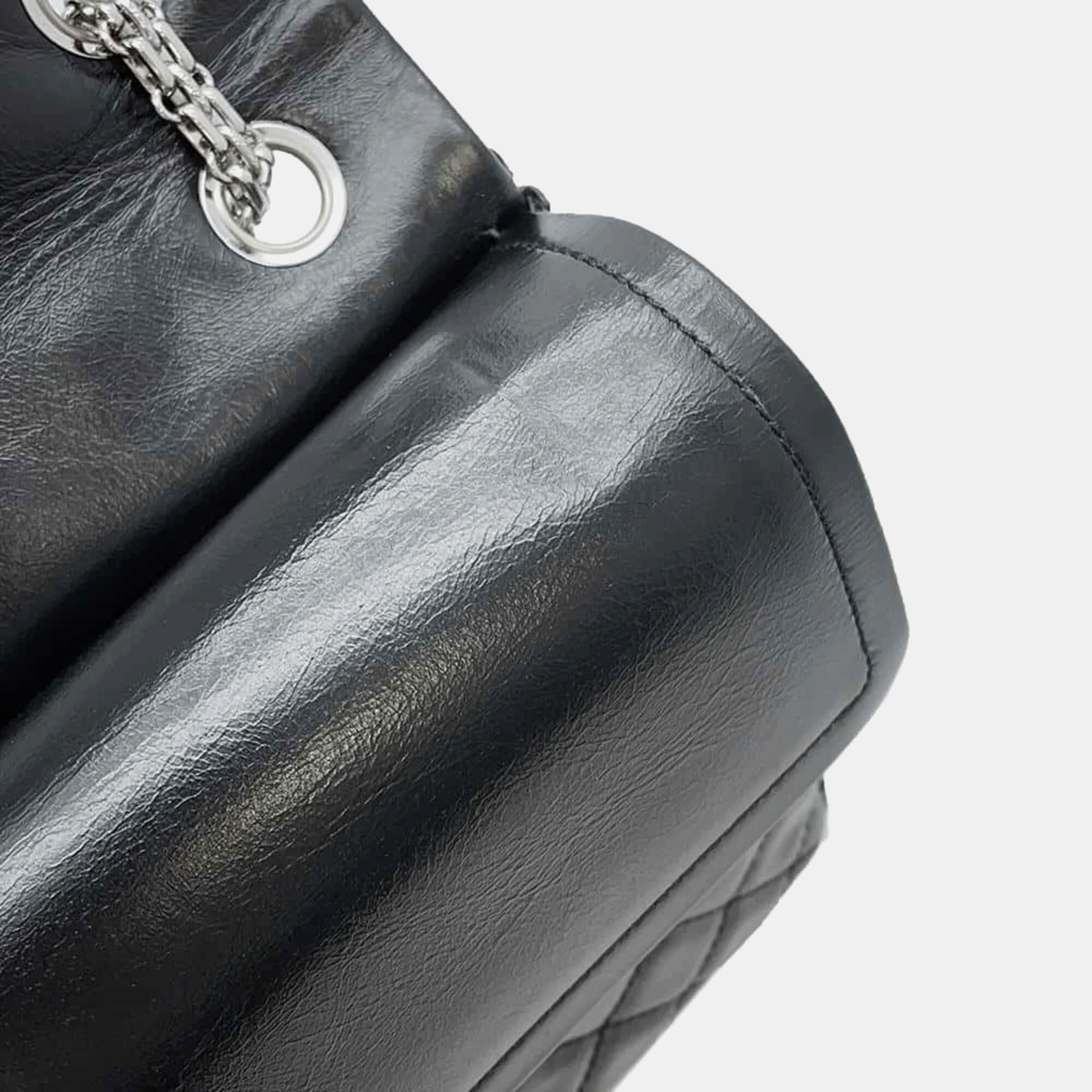 Chanel Black Aged Calf Leather 2.55 Matelasse W Flap Large Chain Shoulder Bag 