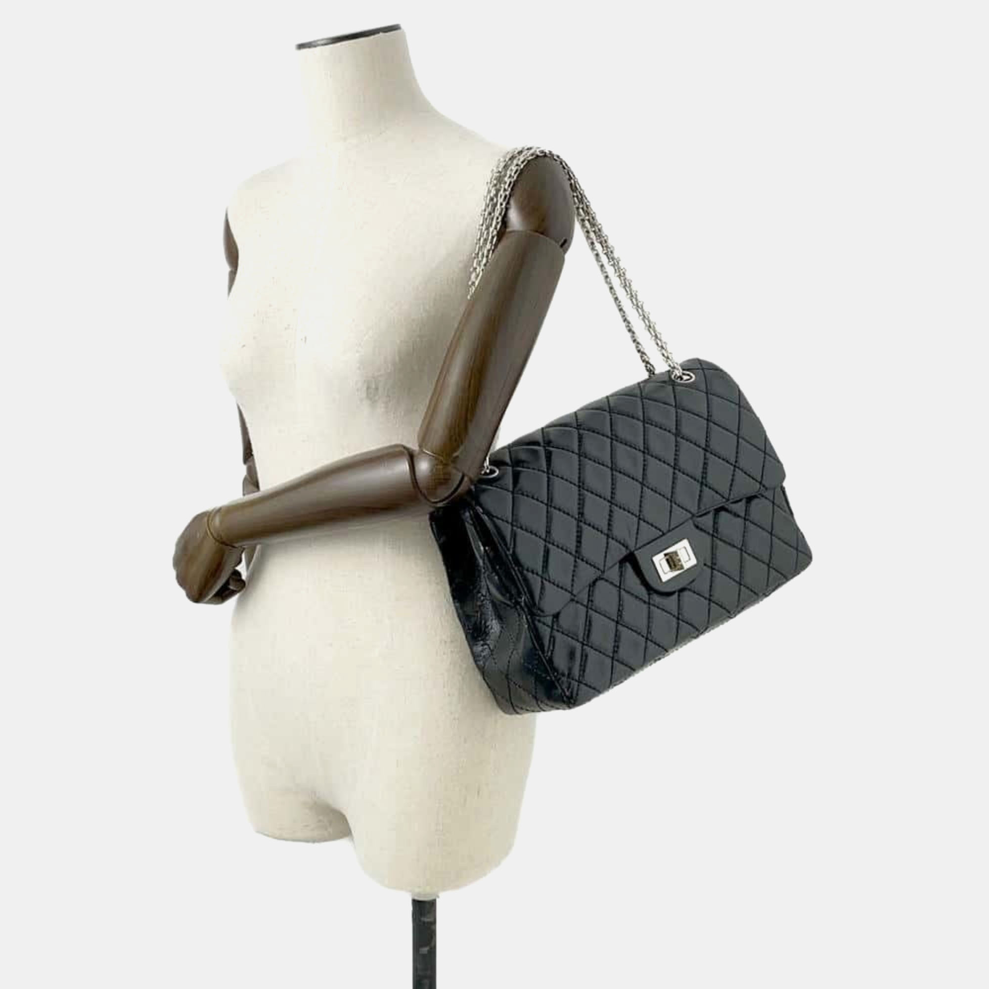Chanel Black Aged Calf Leather 2.55 Matelasse W Flap Large Chain Shoulder Bag 