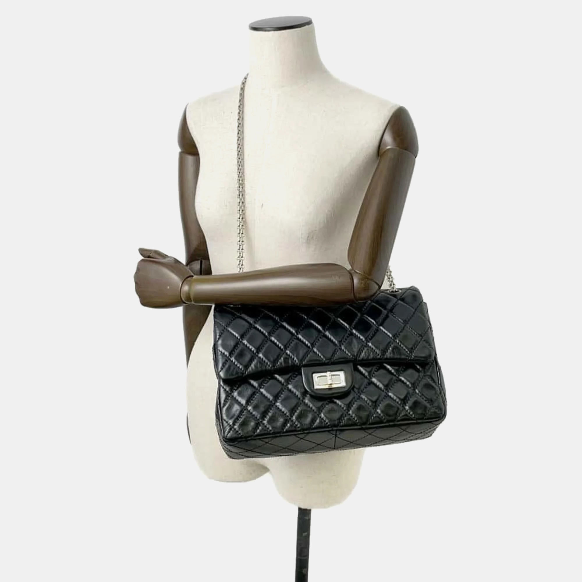 Chanel Black Aged Calf Leather 2.55 Matelasse W Flap Large Chain Shoulder Bag 