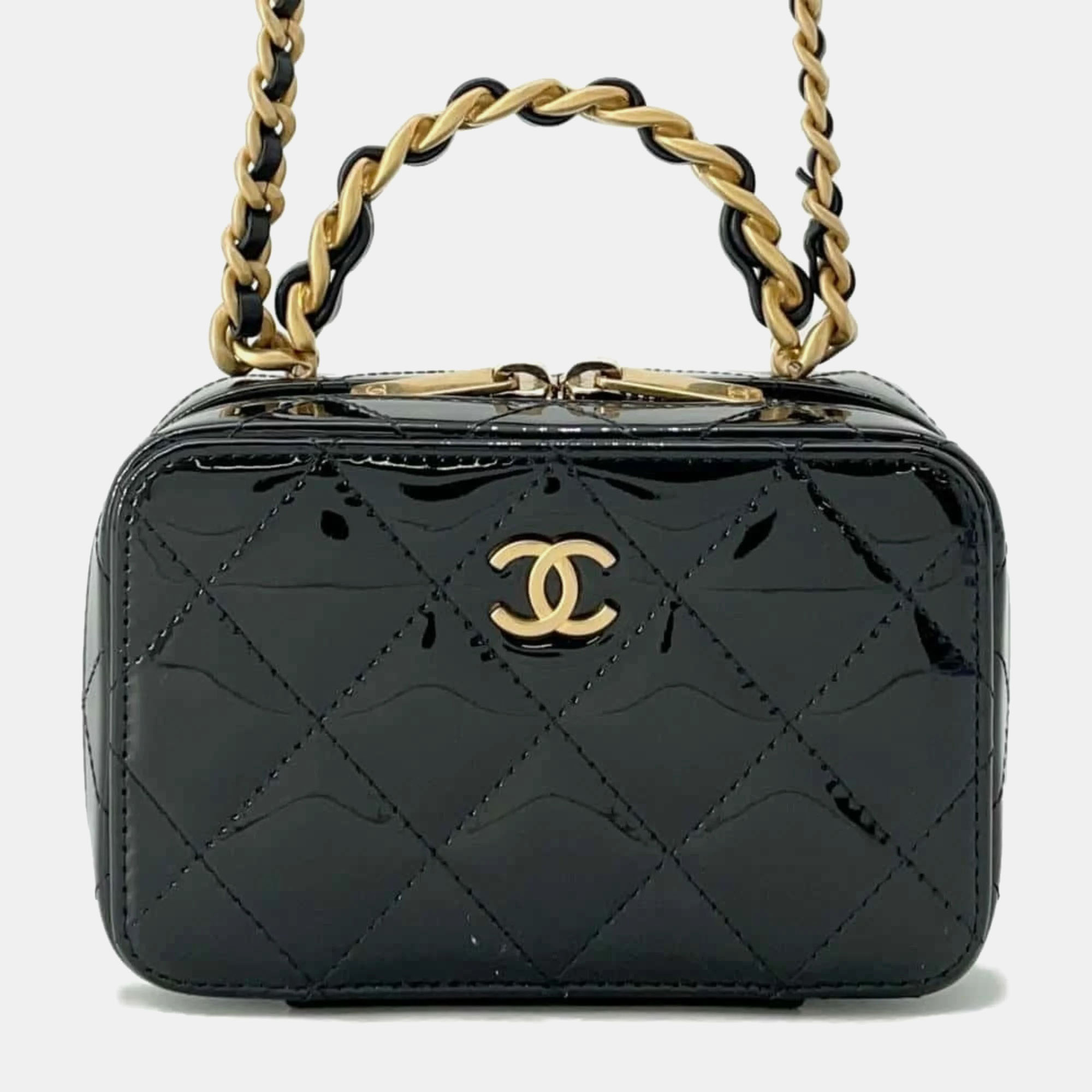 

Chanel Patent Calf Leather Black Matelasse Coco Mark Vanity Chain Shoulder Bag