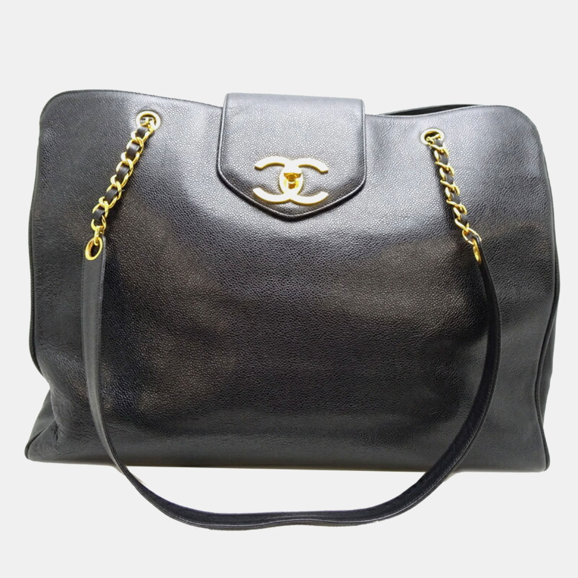 

Chanel Caviar Skin Black Coco Mark Supermodel Chain Tote Bag
