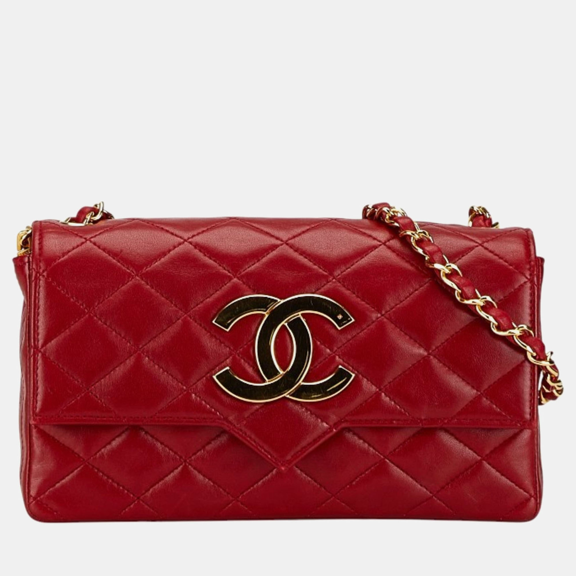 

Chanel Red Lambskin Matelasse Coco Mark Quilted Single Flap Bicolor Shoulder Bag