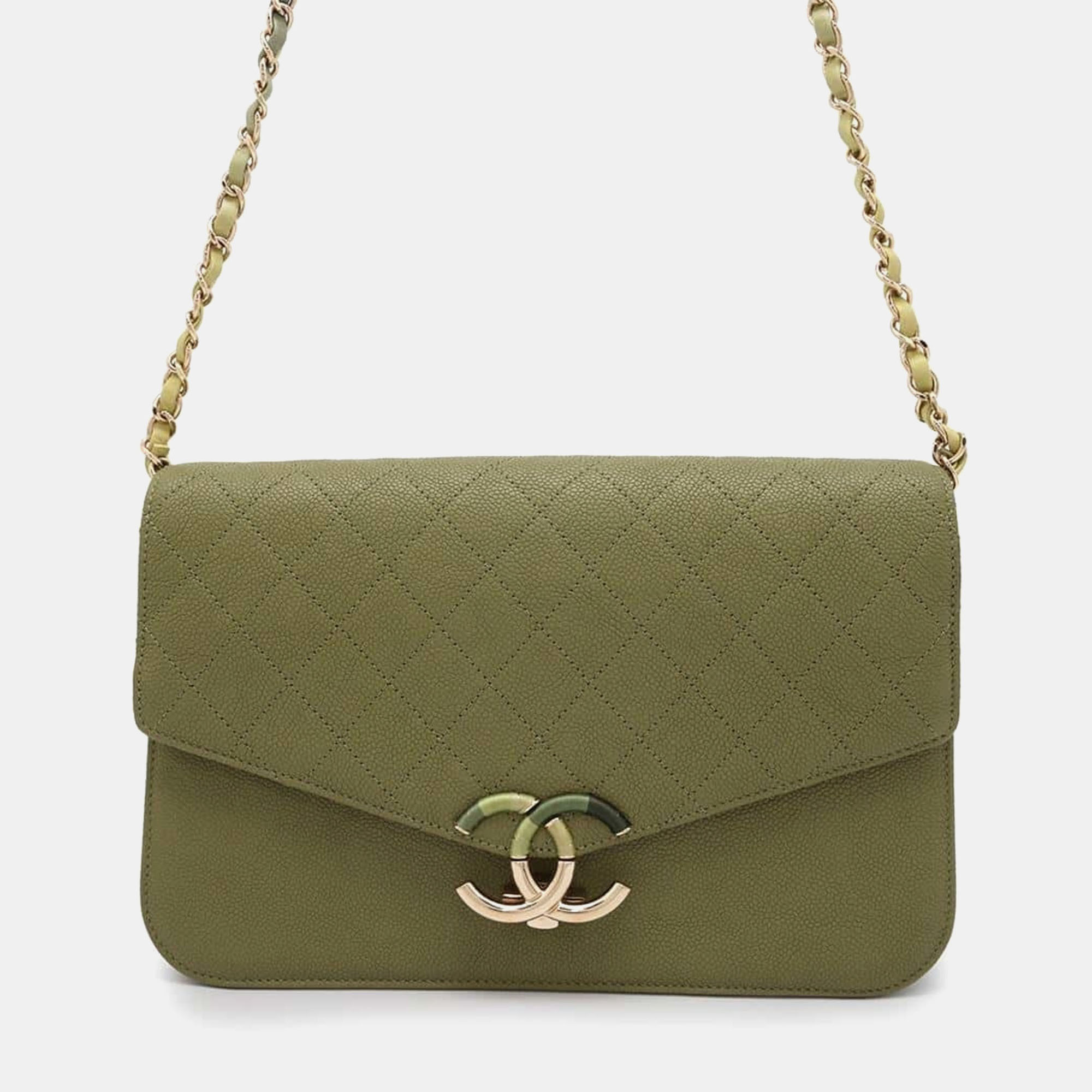 

Chanel Matelasse Coco Mark Caviar Skin Chain Shoulder Bag, Green