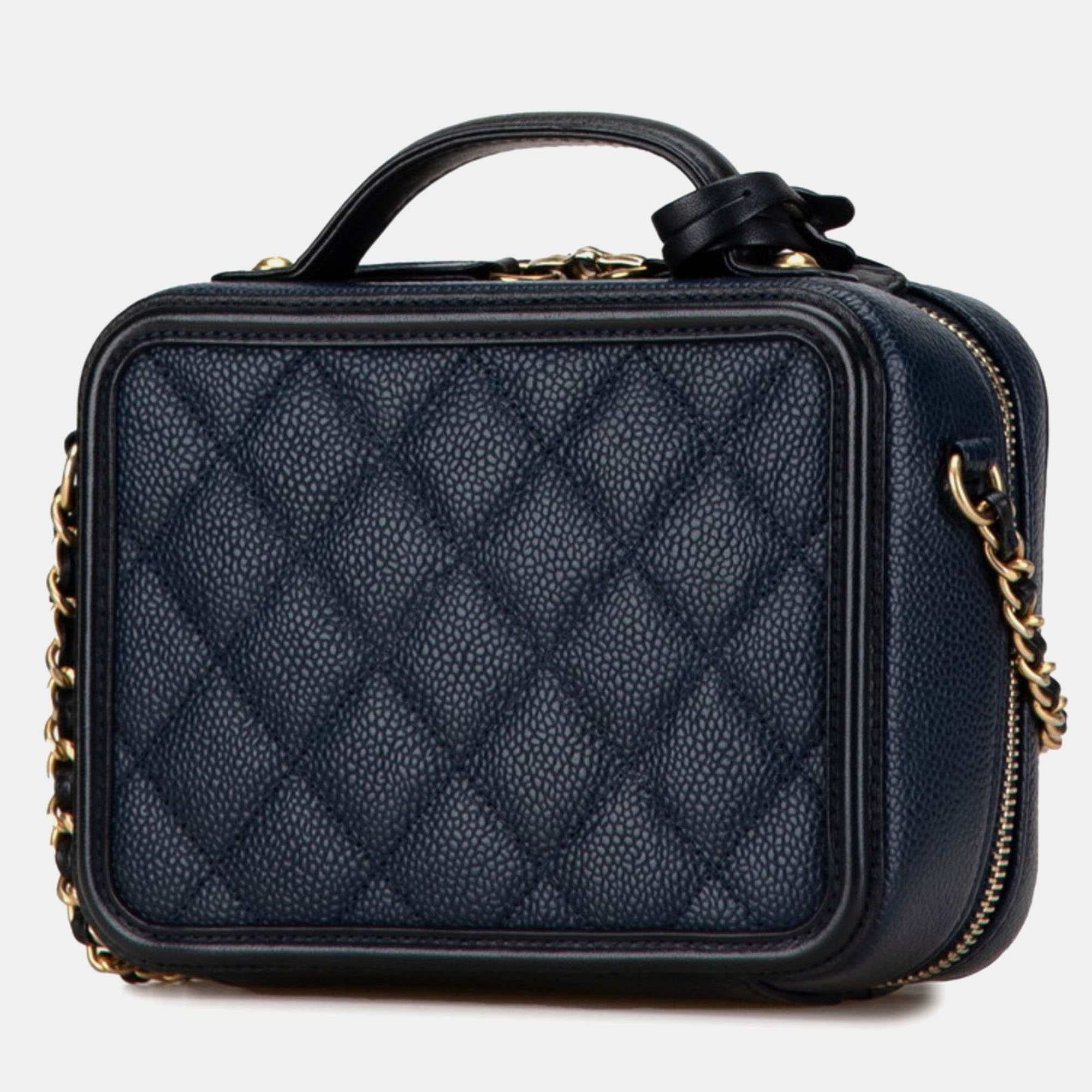 Chanel Navy Black Caviar Skin Matelasse Cc Filigree Chain Shoulder Bag 