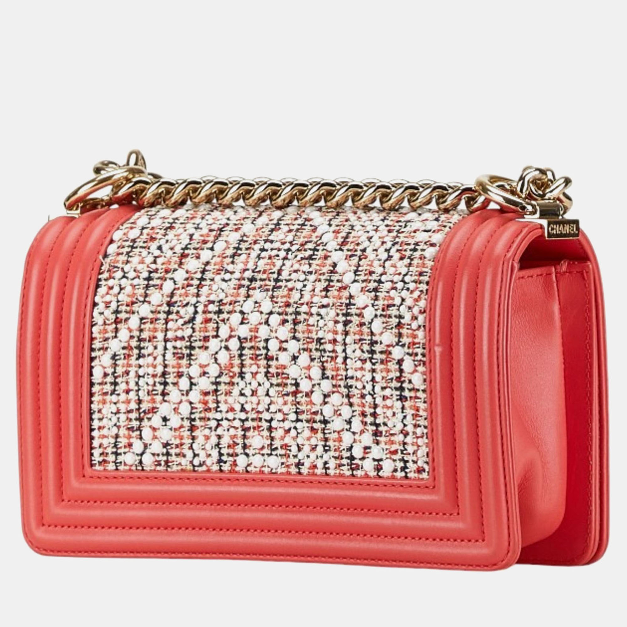 Chanel Pink White Multicolor Tweed Leather Boy Coco Mark Chain Shoulder Bag 