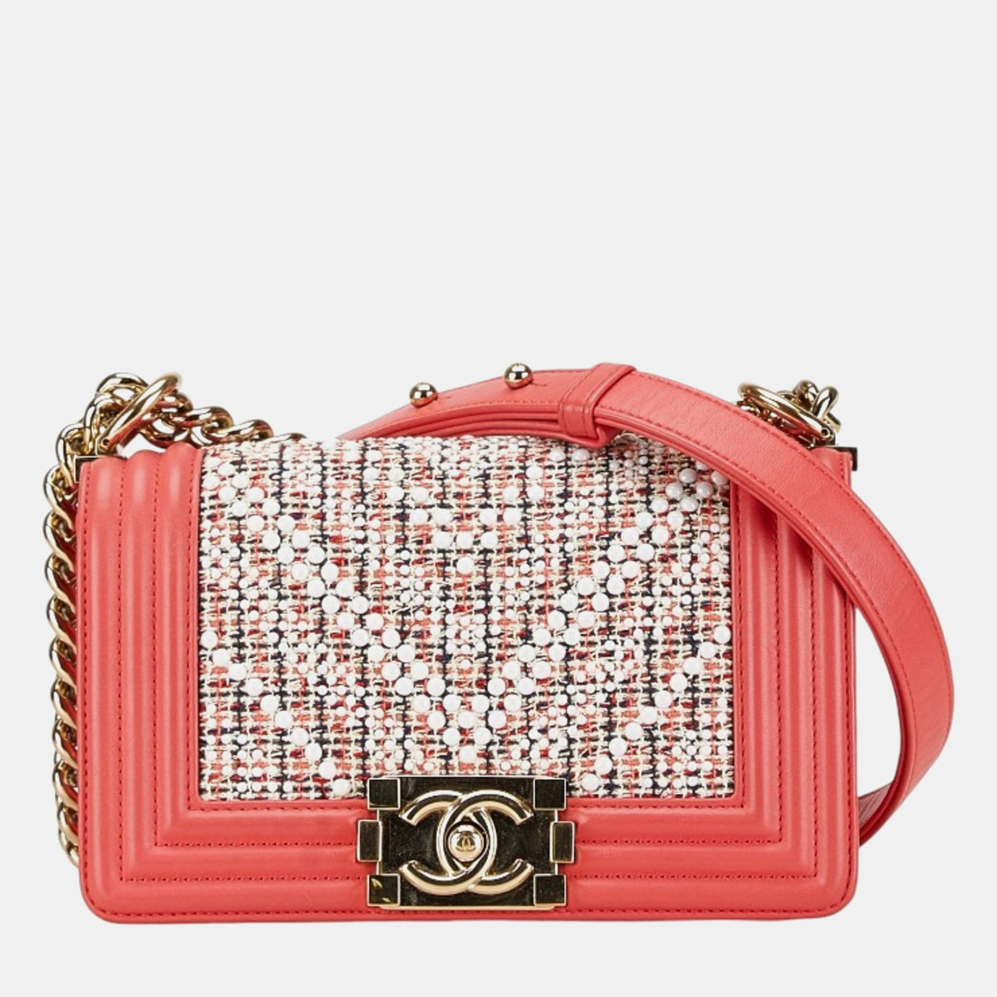 

Chanel Pink White Multicolor Tweed Leather Boy Coco Mark Chain Shoulder Bag