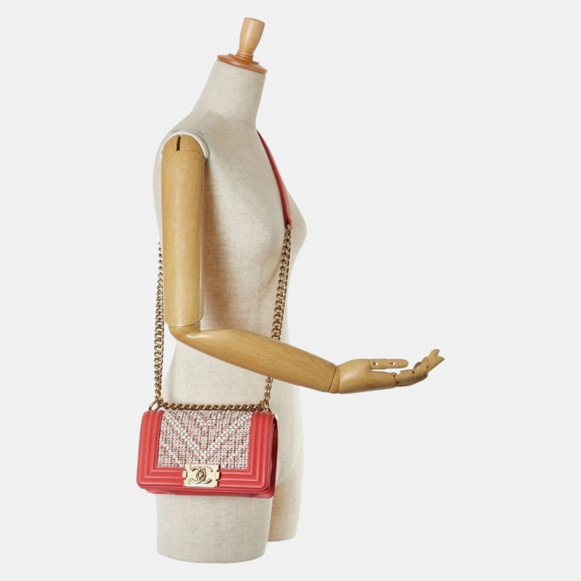 Chanel Pink White Multicolor Tweed Leather Boy Coco Mark Chain Shoulder Bag 