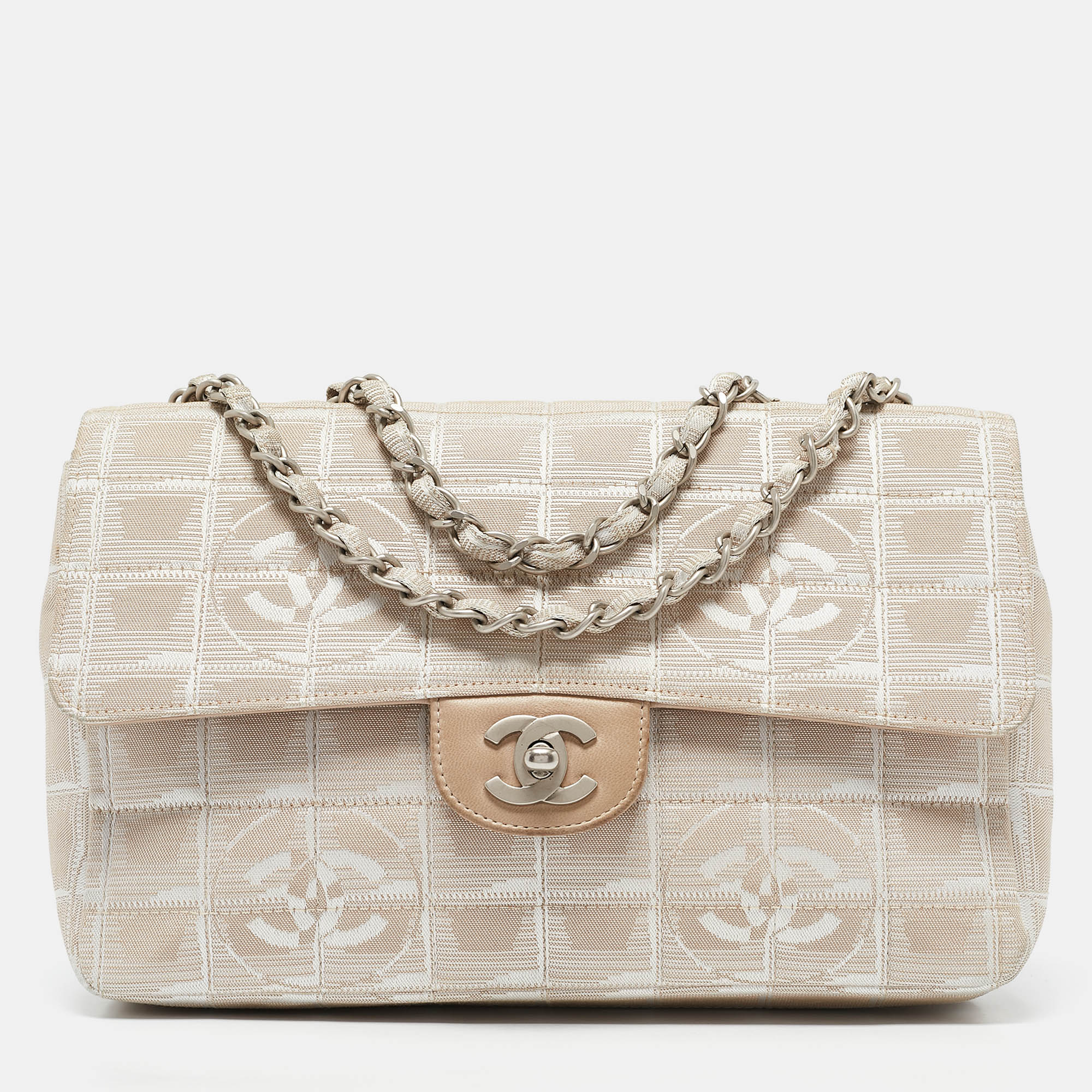 

Chanel Beige Cube Quilted Fabric Medium CC Travel Line Flap Bag