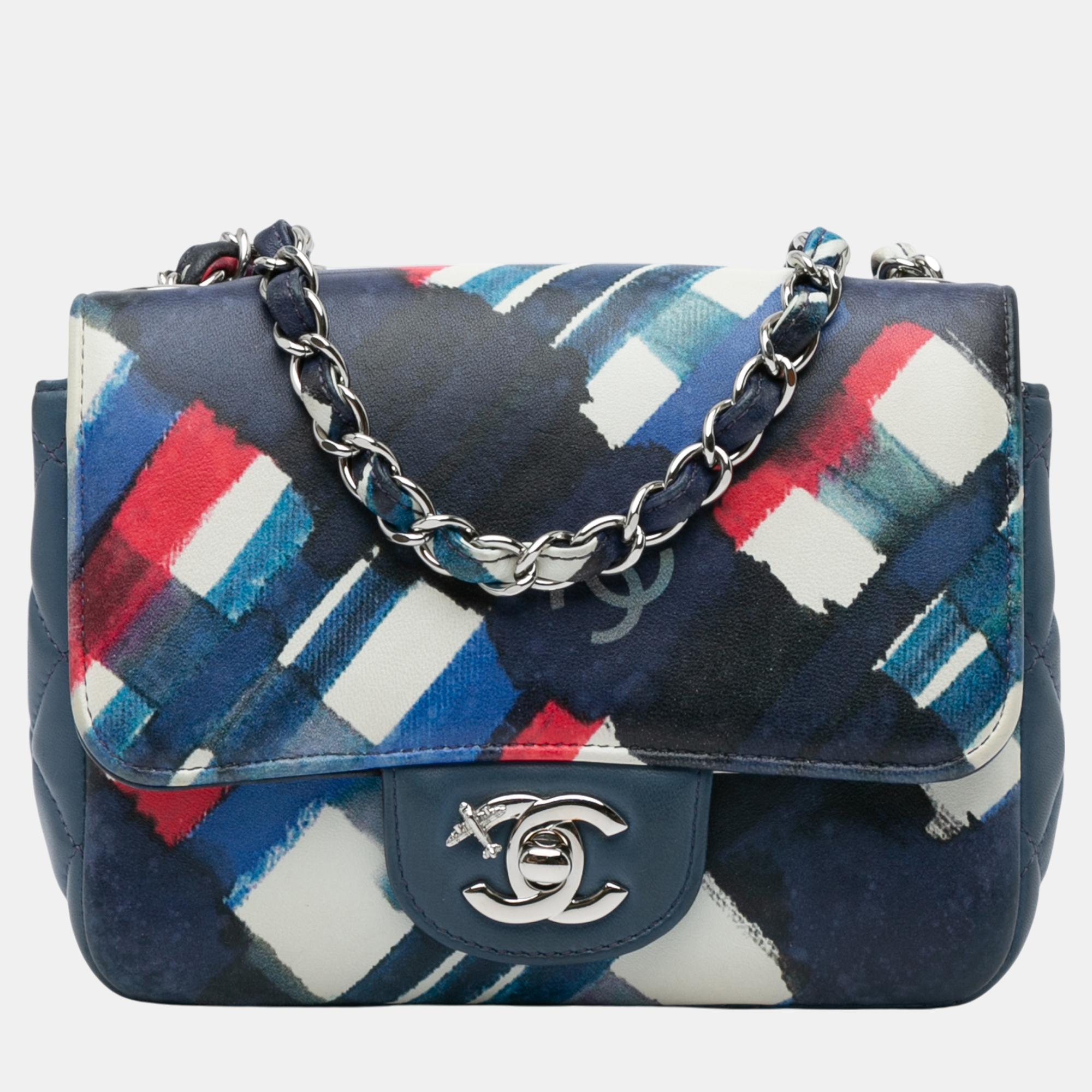 

Chanel Blue Mini Square Classic Printed Lambskin Airlines Flap