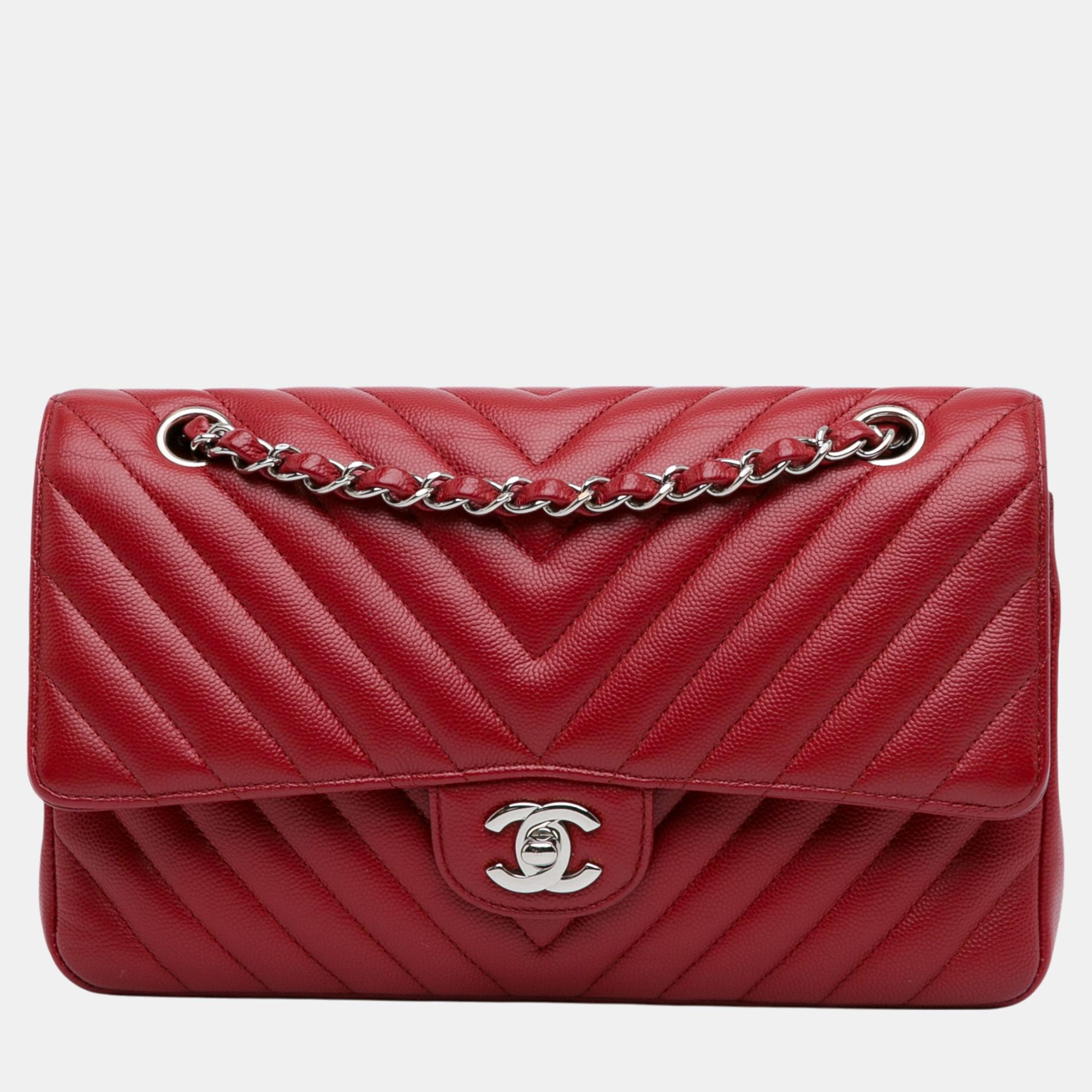 

Chanel Red Medium Classic Chevron Caviar Double Flap