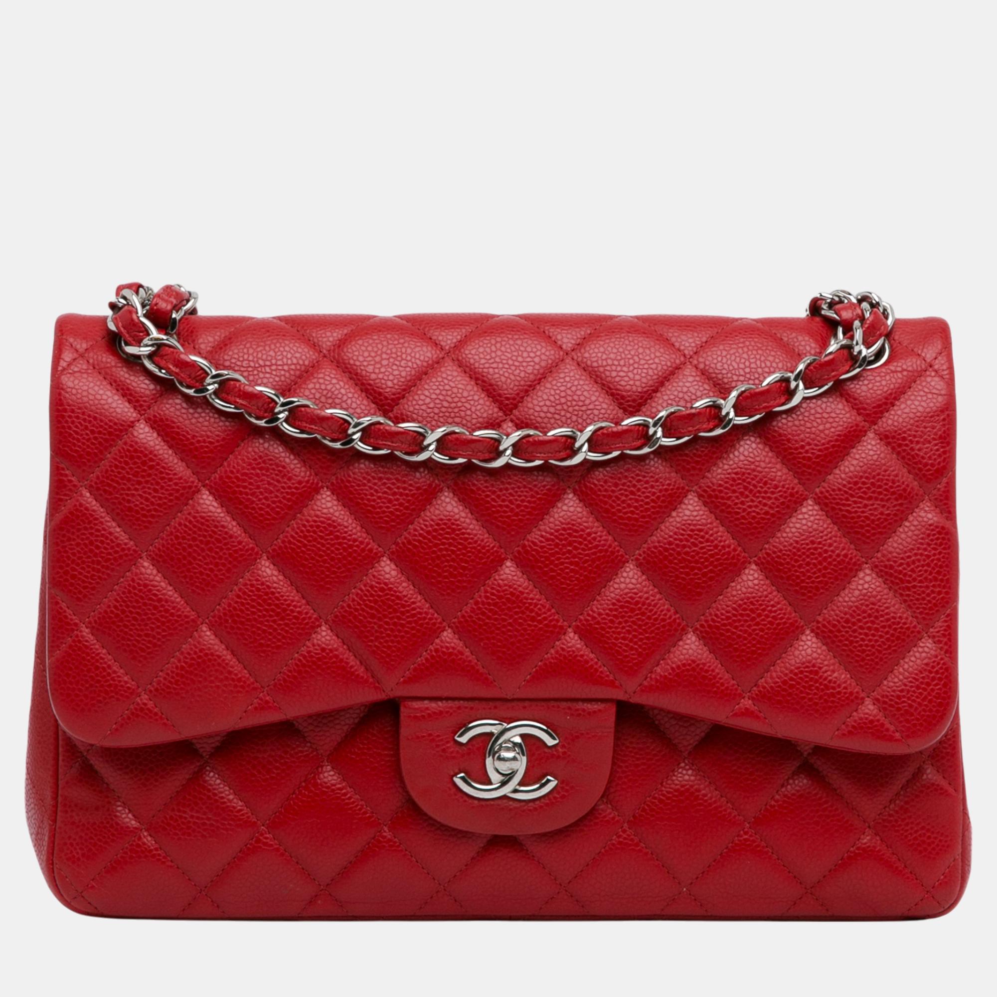 

Chanel Red Jumbo Classic Caviar Double Flap