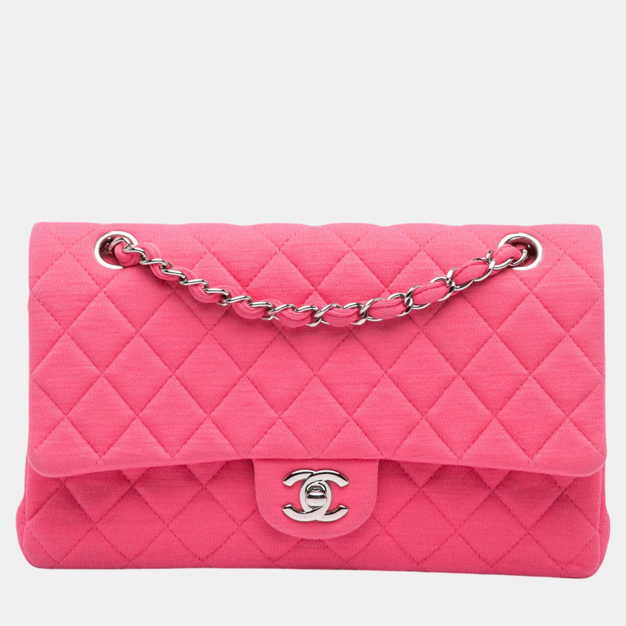 

Chanel Pink Medium Classic Jersey Double Flap