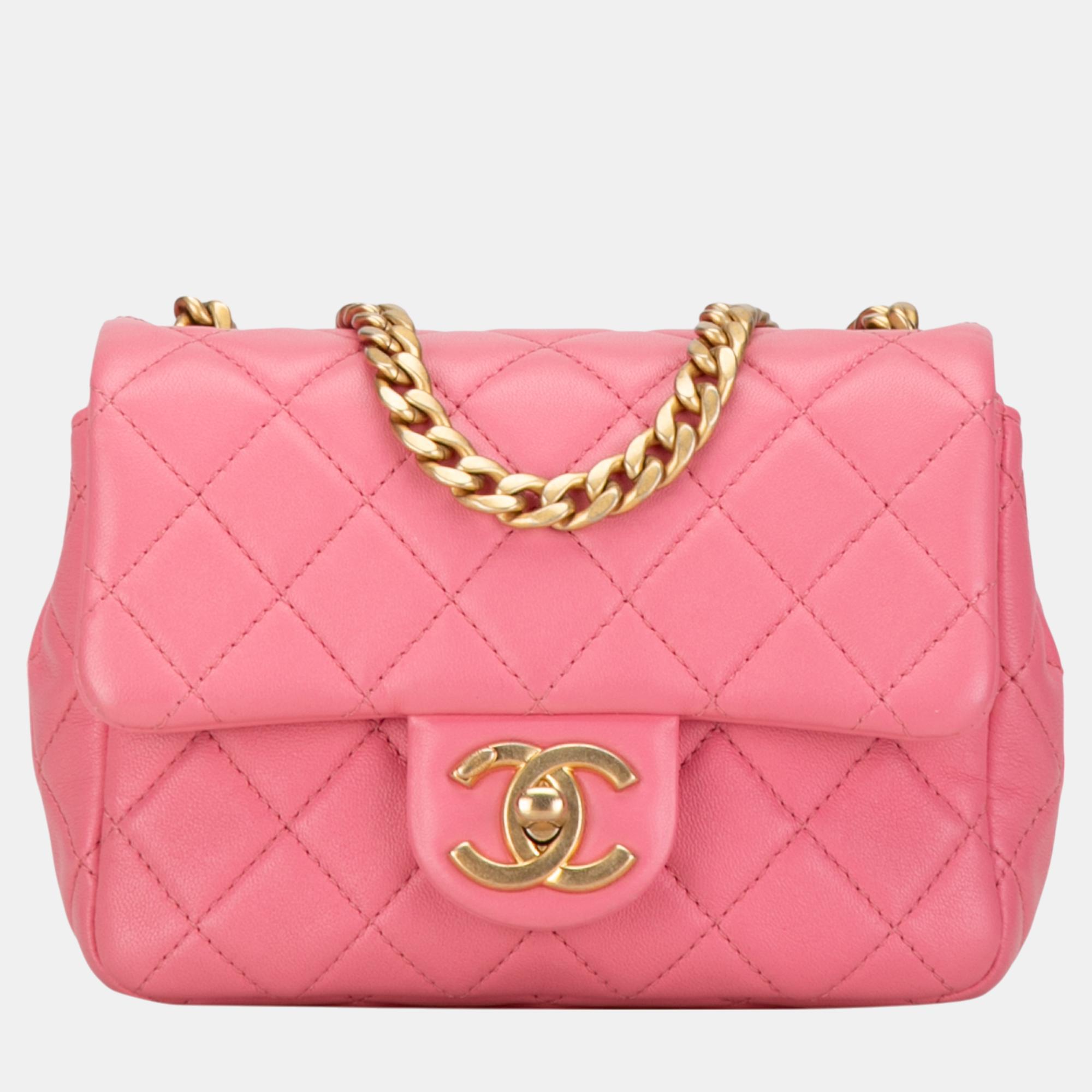 

Chanel Pink Mini Square Lambskin Pearl Samba Flap