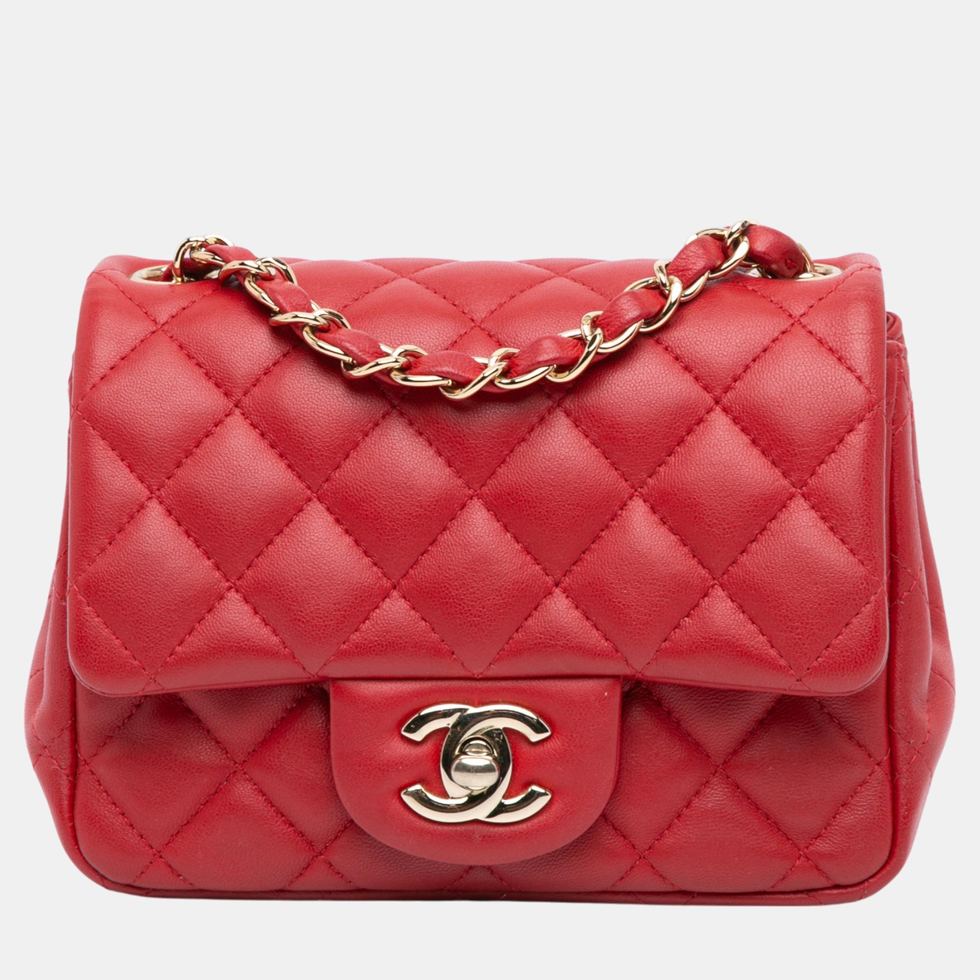 

Chanel Red Mini Square Classic Lambskin Single Flap