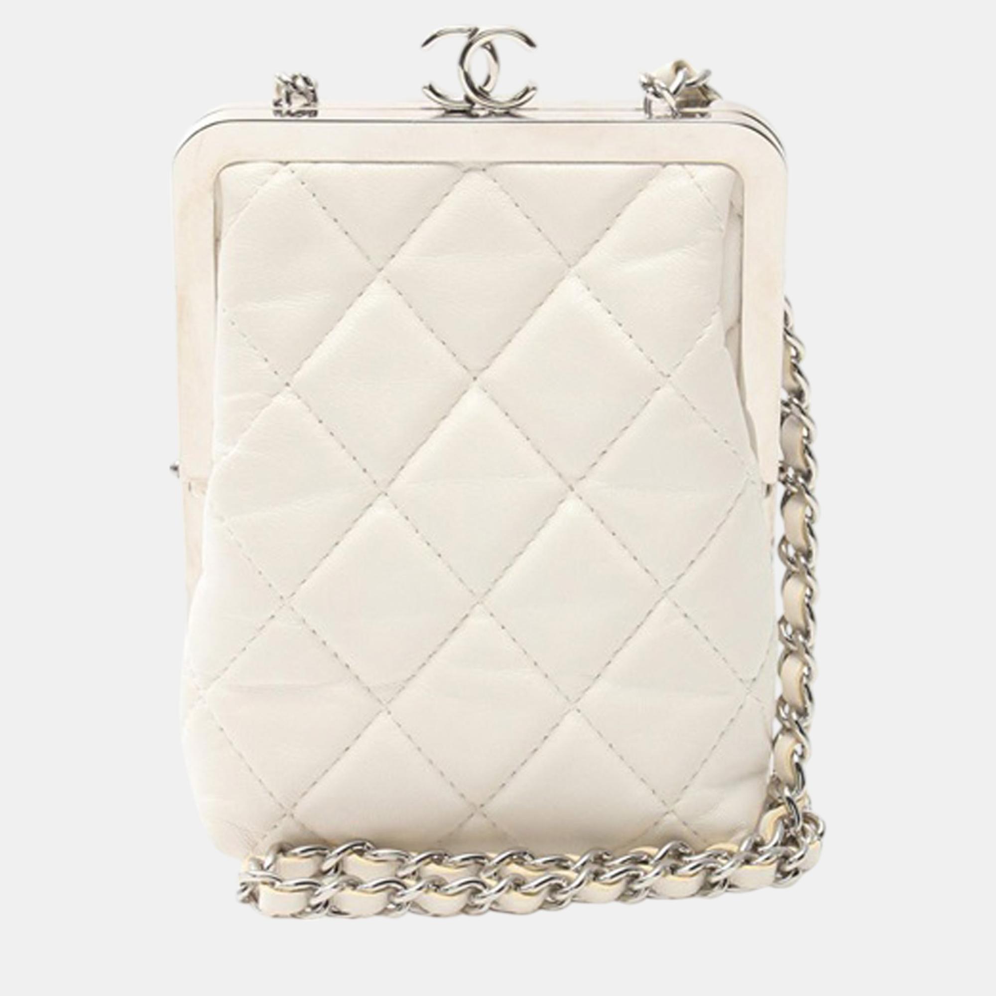 

Chanel White CC Quilted Lambskin Evening Clutch