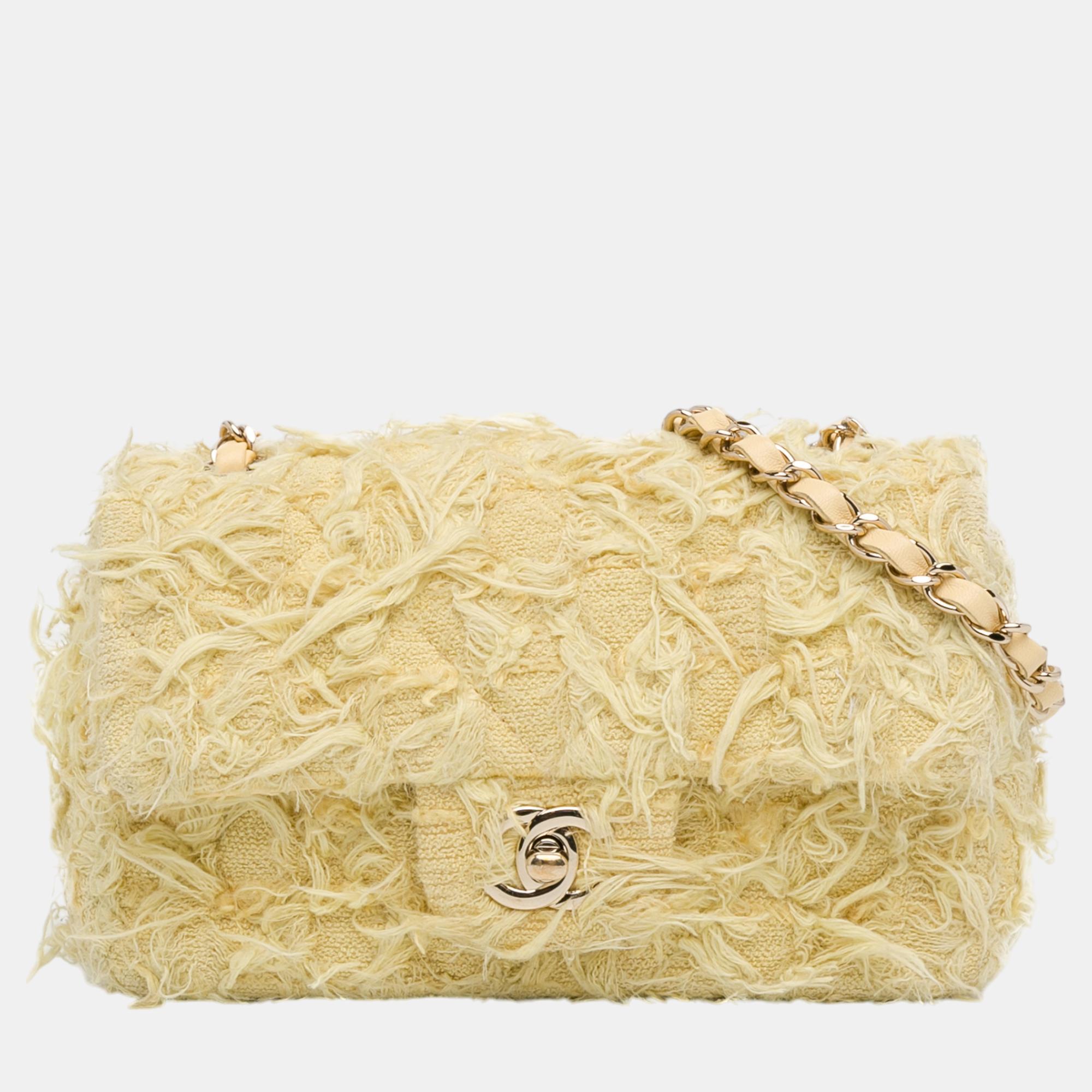 

Chanel Yellow Mini Rectangular Classic Tweed Fringed Single Flap