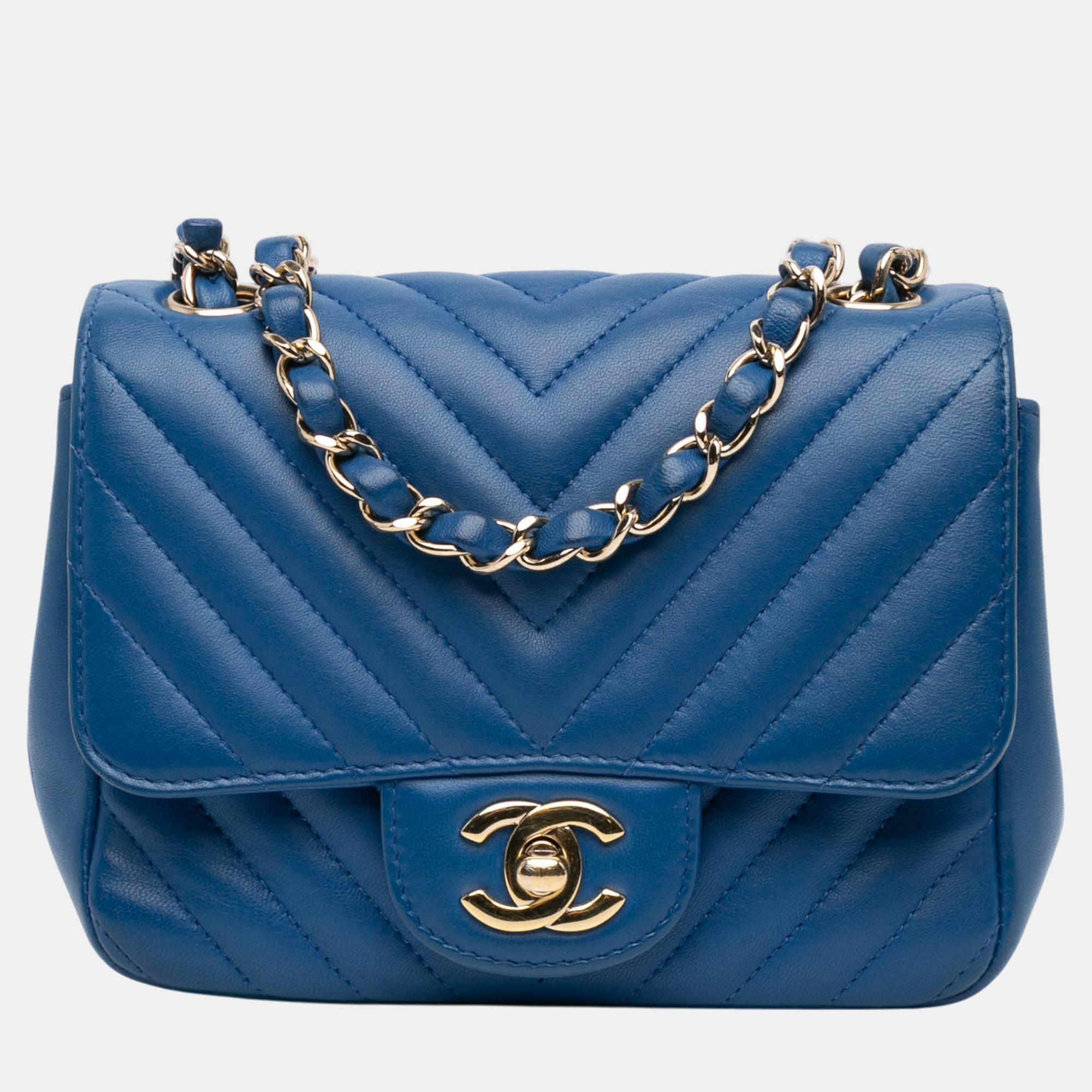 

Chanel Blue Mini Square Classic Chevron Lambskin Single Flap