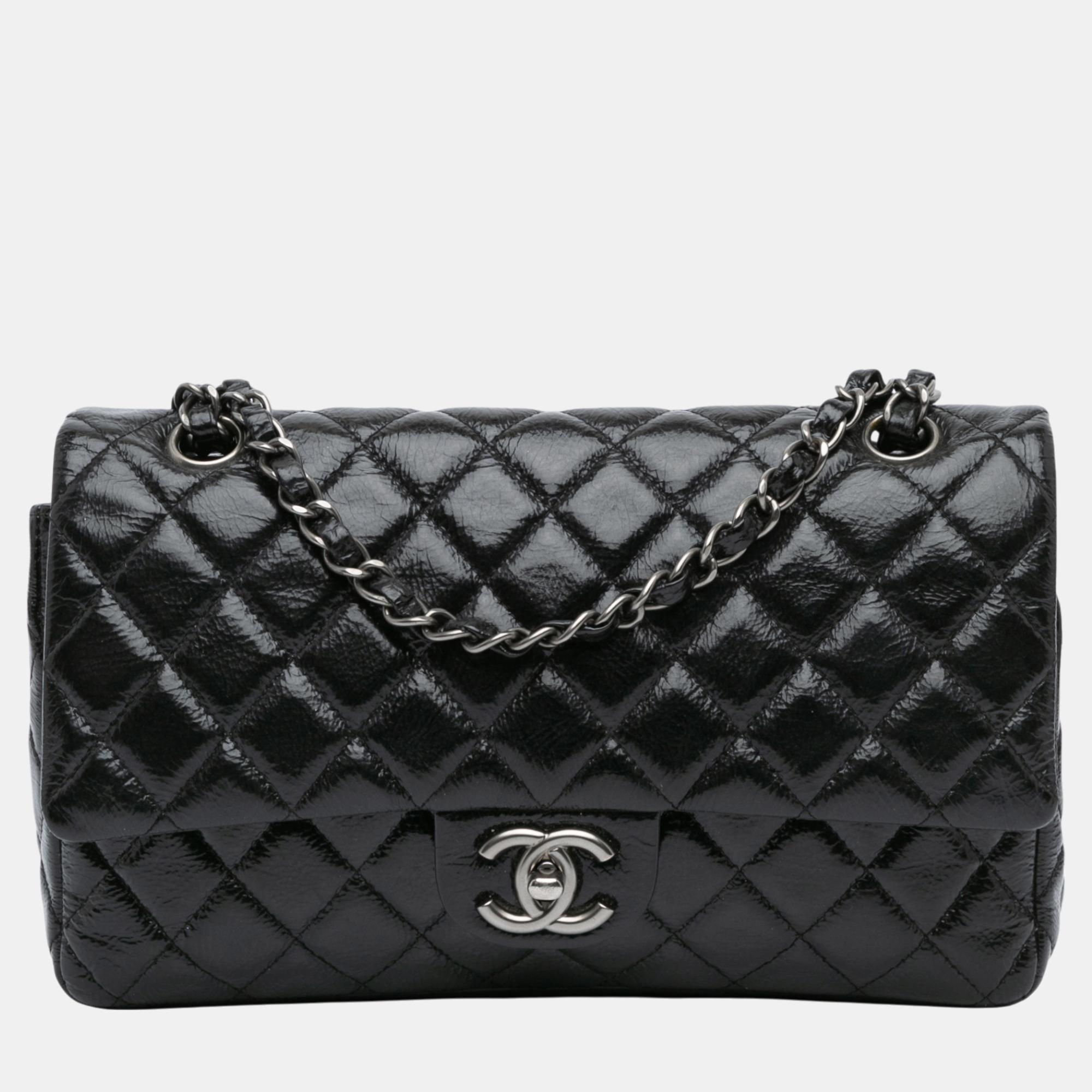 

Chanel Black Medium Classic Distressed Patent Double Flap