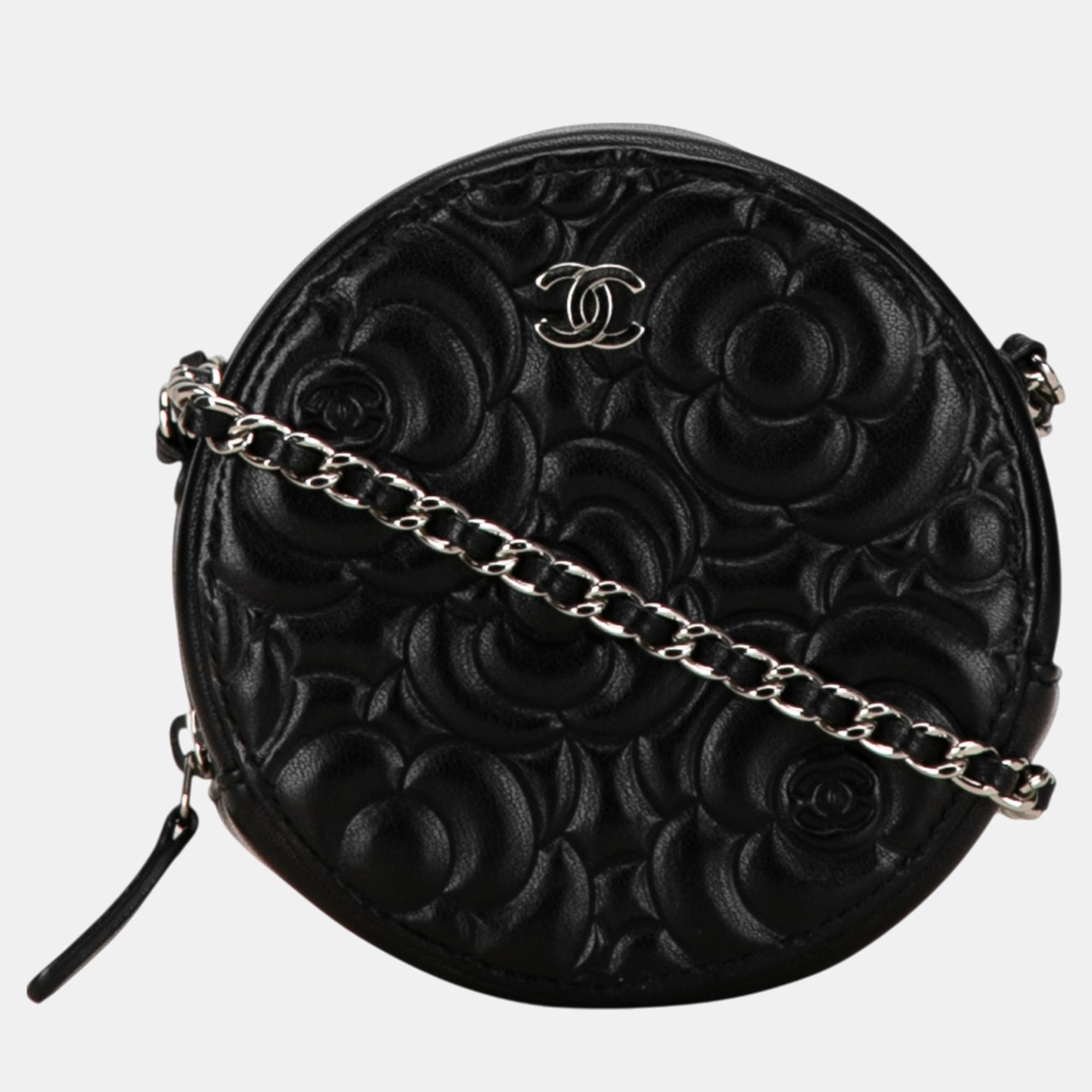 

Chanel Black Goatskin Camellia Round Clutch with Chain