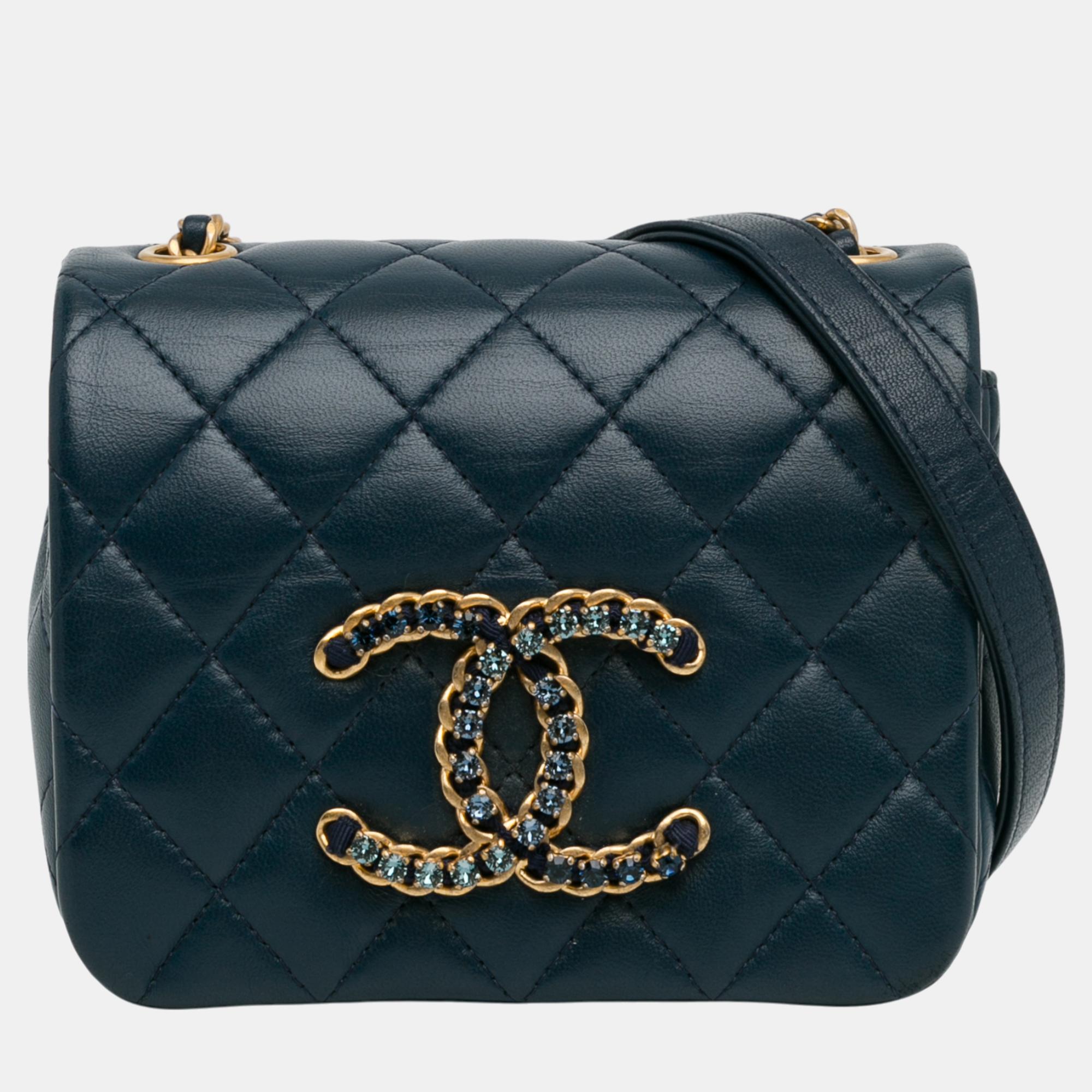 

Chanel Navy Blue Mini Lambskin CC Crystal Full flap