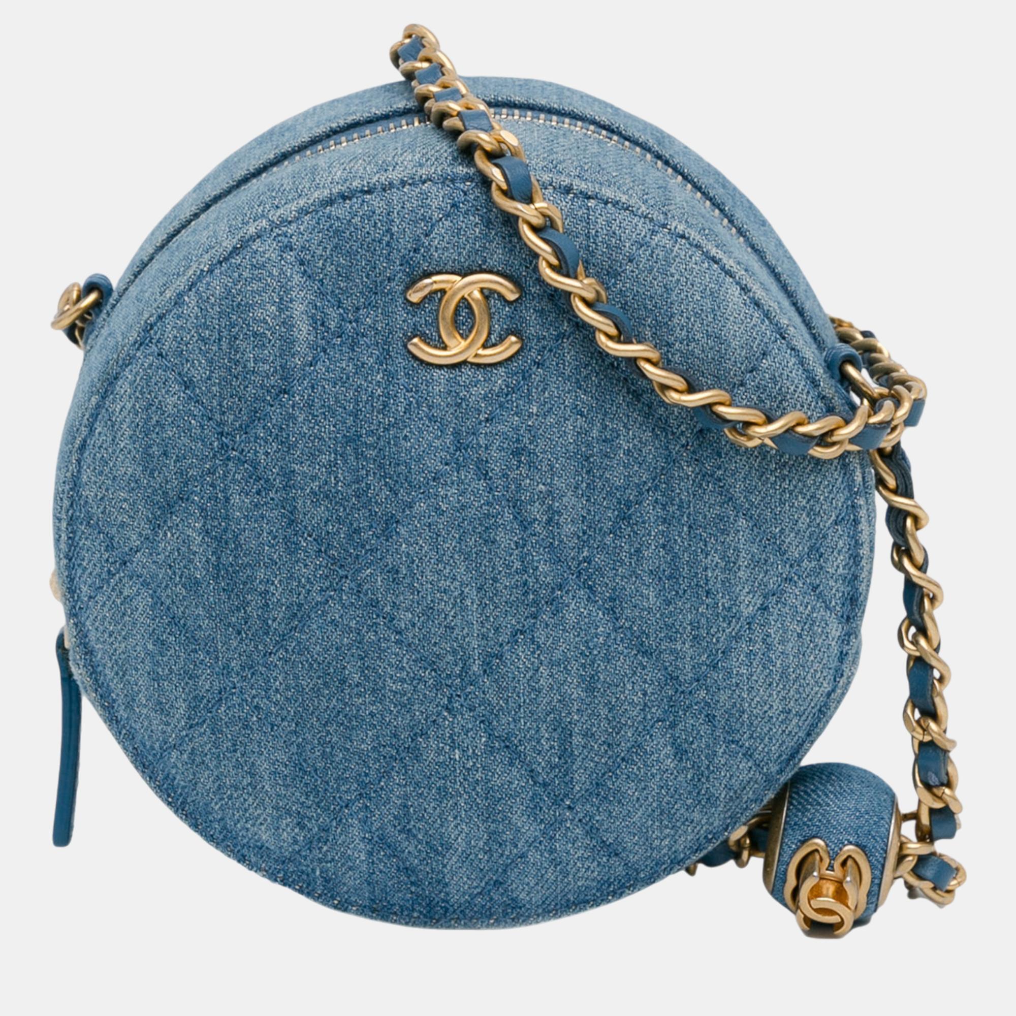 

Chanel Blue Quilted Denim Pearl Crush Round Clutch with Chain