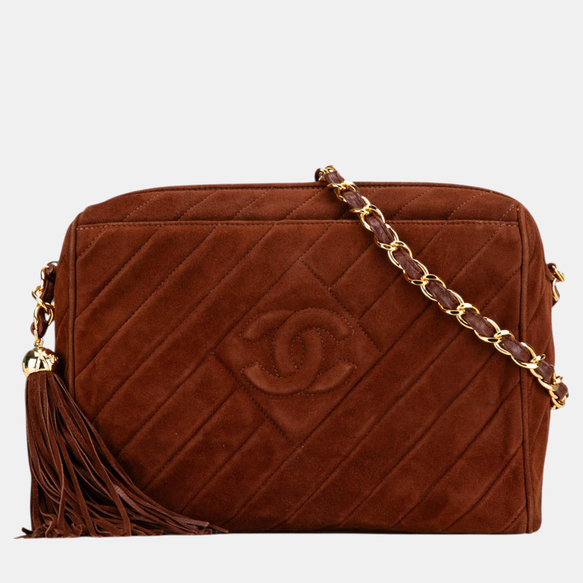 

Chanel Brown CC Quilted Suede Tassel Diamond Camera Bag